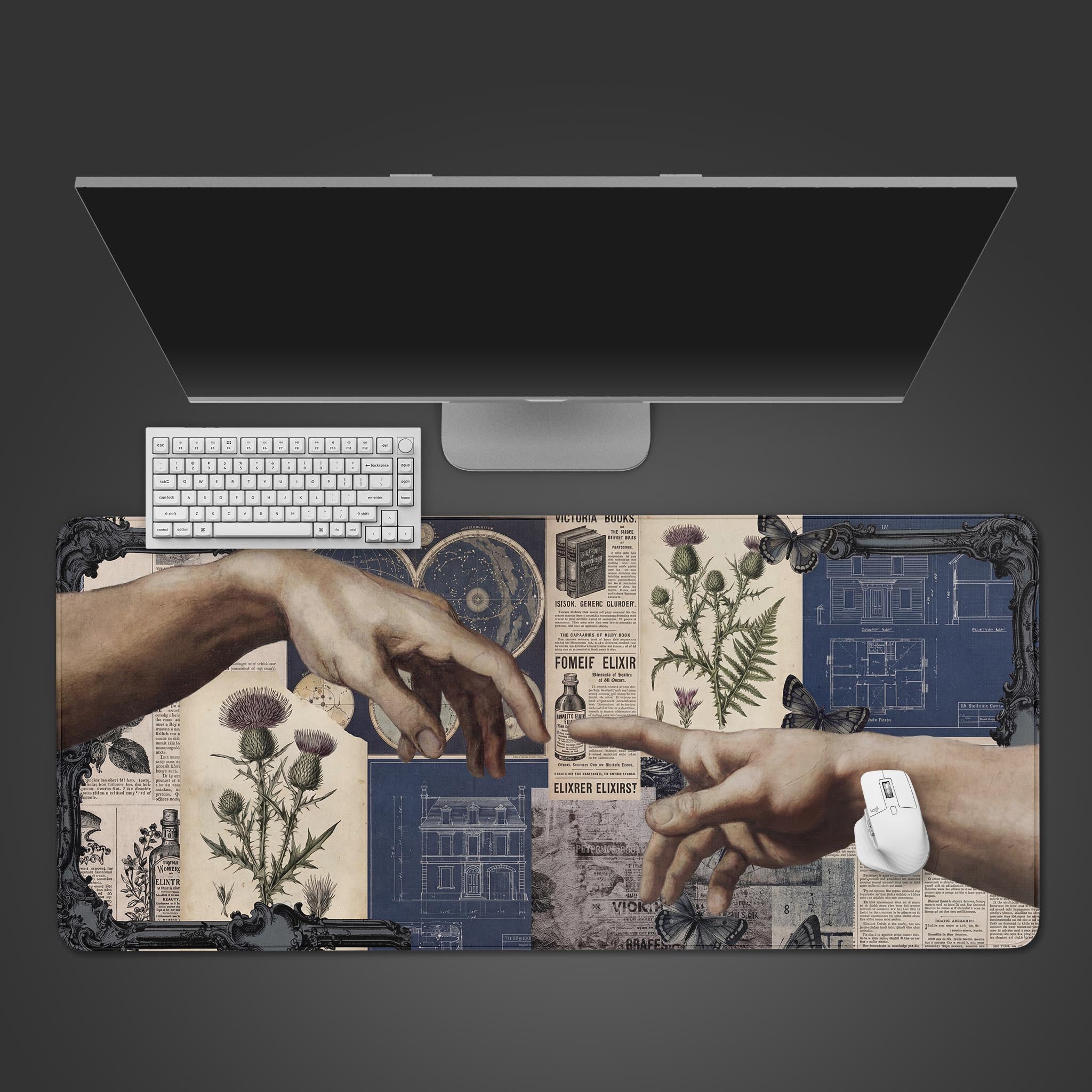 A top-down view of the Vintage Creation gaming desk mat, featuring Renaissance hands and blueprints, with a white keyboard and mouse. - Epic Design Pads & Mousepads