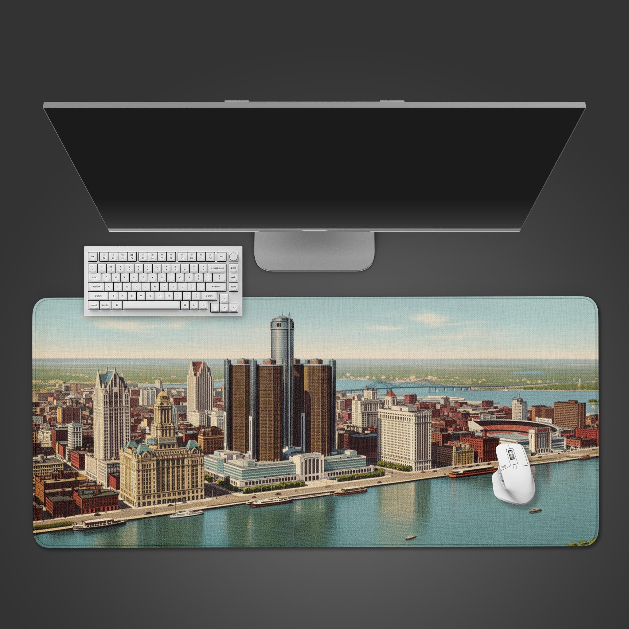 Vintage Detroit desk mat with city skyline design, shown from a top-down view with a keyboard and mouse. - Epic Design Pads