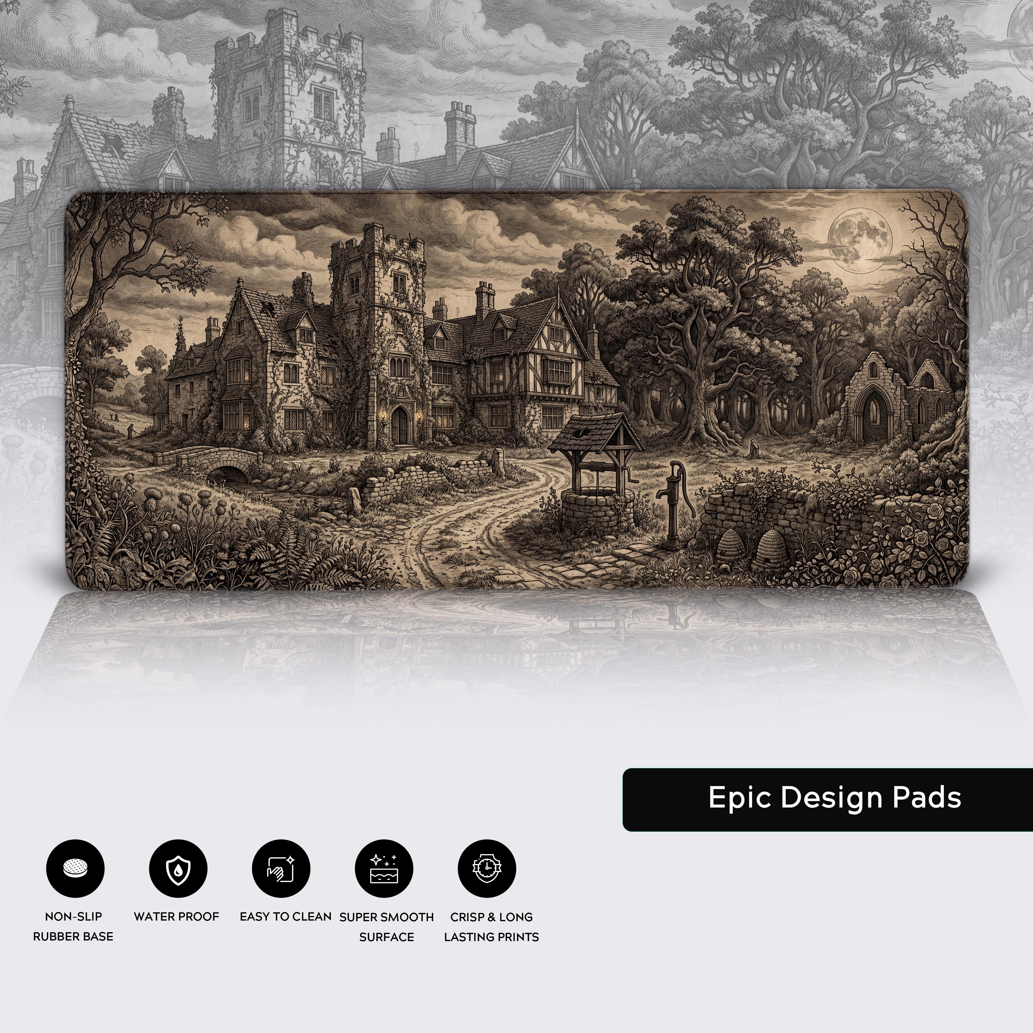 Feature highlights of the Vintage Manor desk mat including non-slip base and waterproof surface