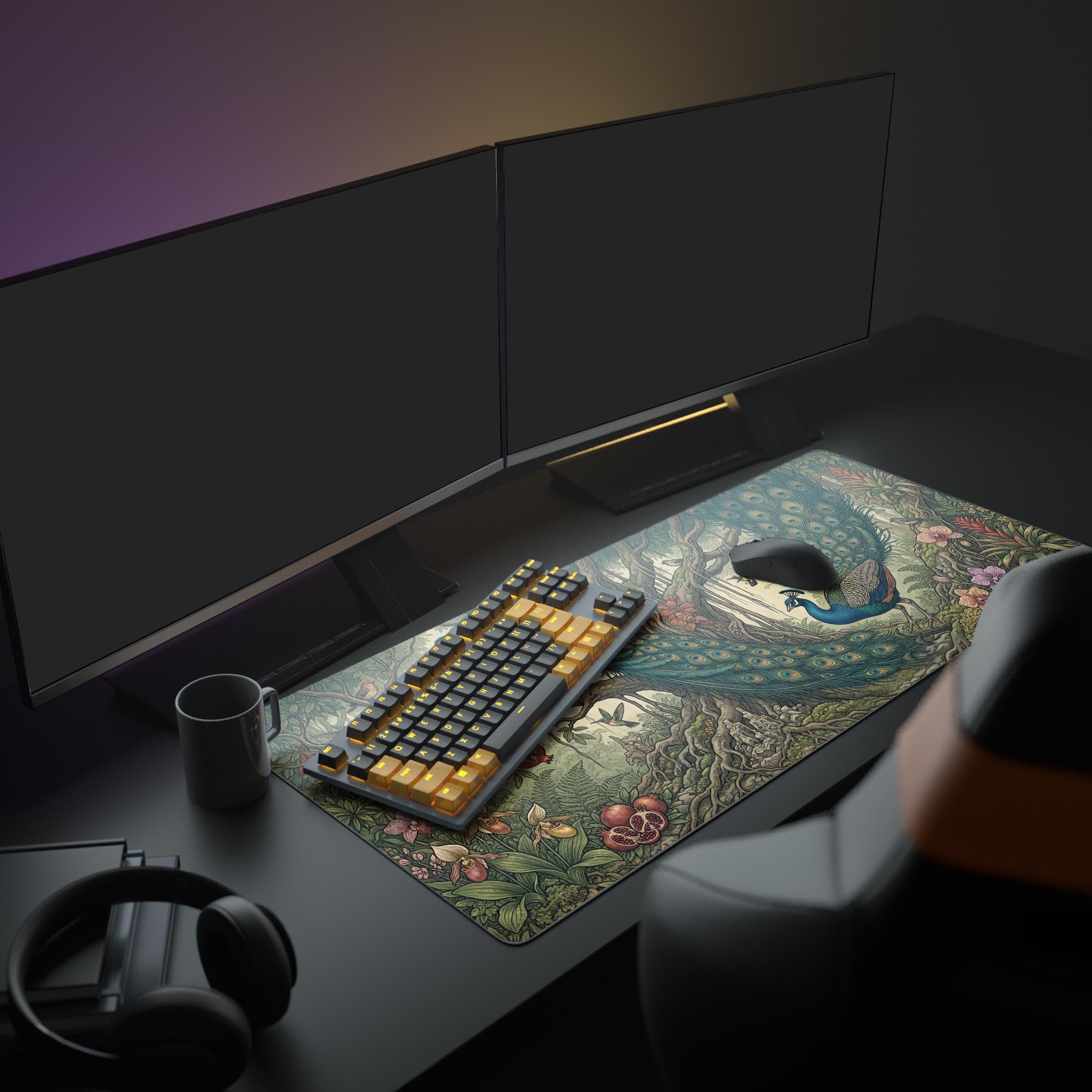 Close up of the vibrant peacock feathers and blooming orchids on the vintage nature mouse pad.