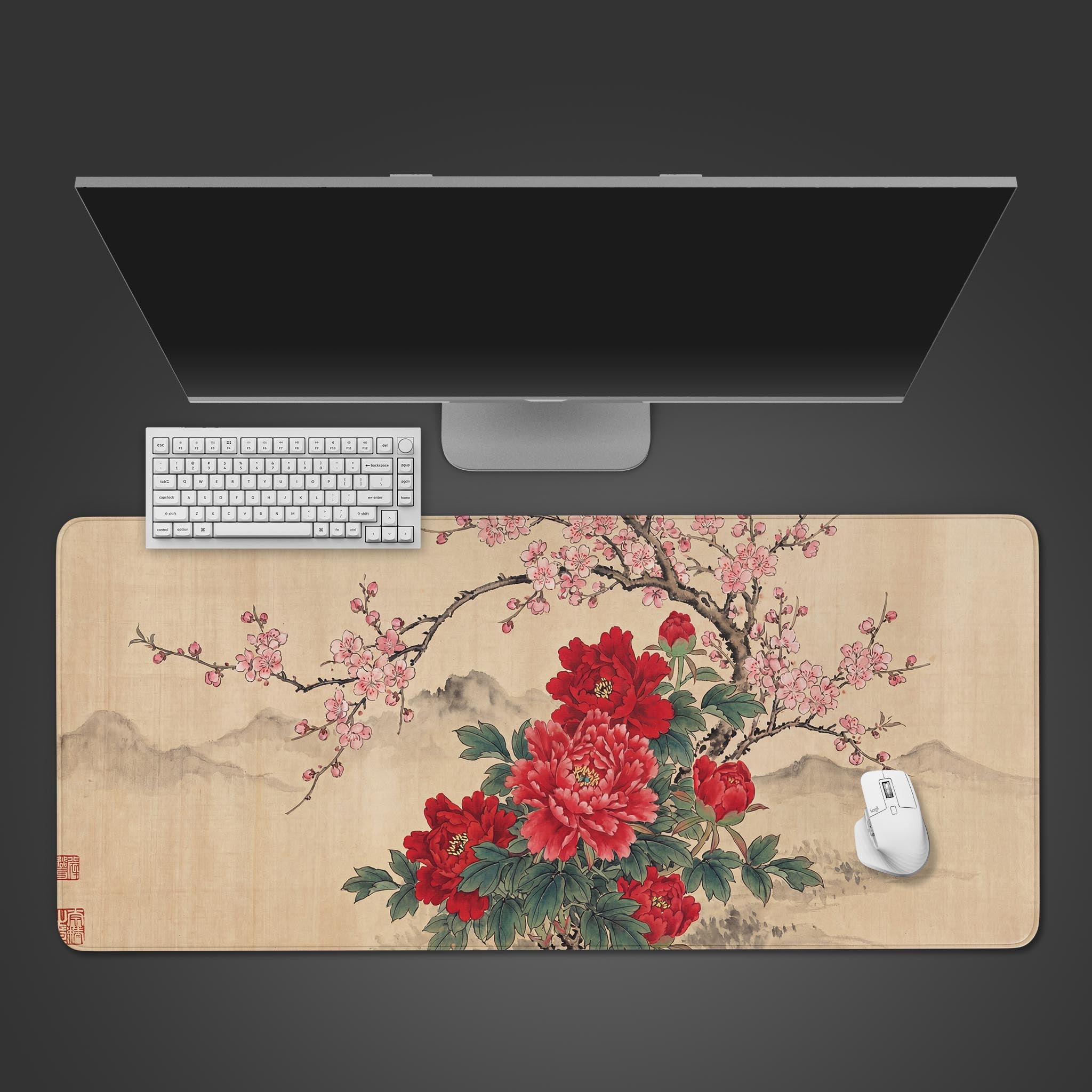 Vintage Peony desk mat with East Asian floral art. Top-down view of an elegant workspace with a white keyboard and mouse, creating a serene and aesthetic setup. - Epic Design Pads & Mousepads
