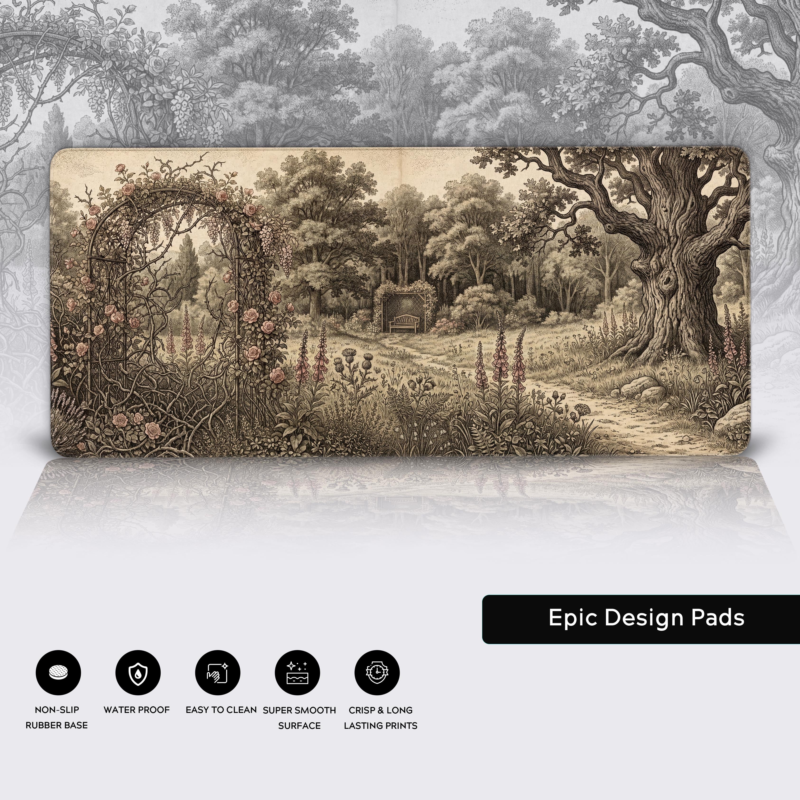 Wide view of the Vintage Rose Garden desk mat laid flat, showcasing the classic monochrome artwork.