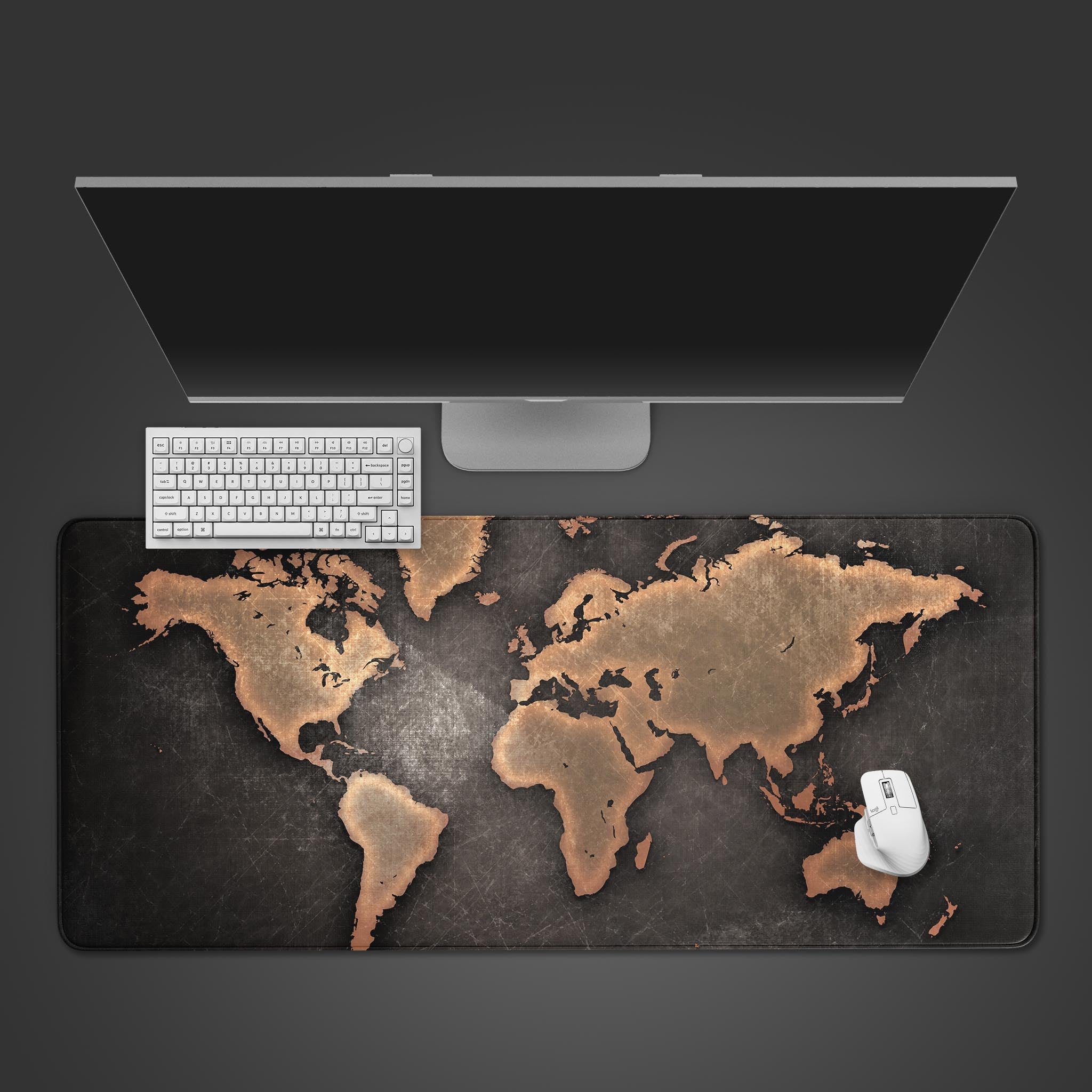 The War's End gaming desk mat showing a conqueror on a white horse, seen from a top-down view with a mechanical keyboard and mouse. - Epic Design Pads & Mousepads