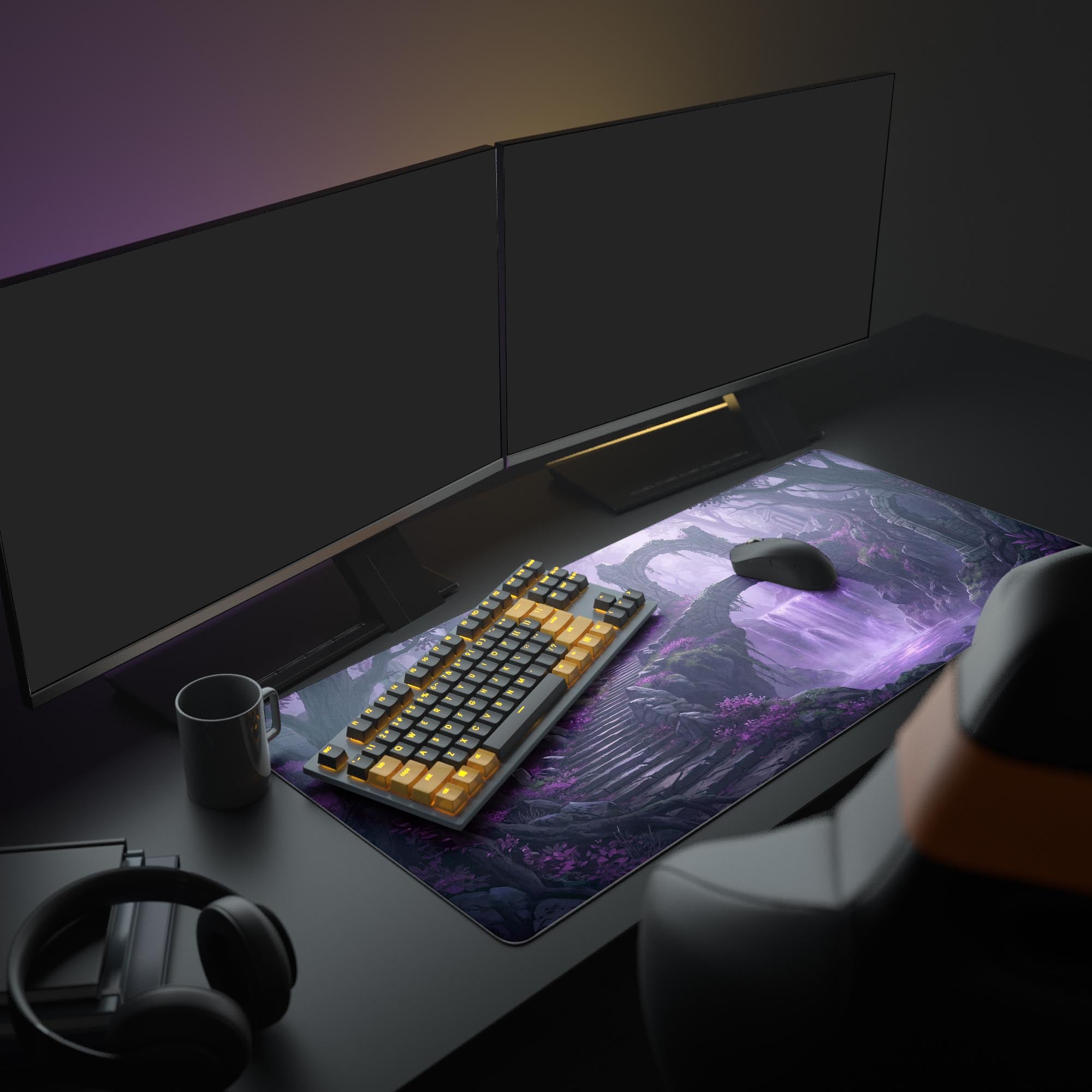 A full PC setup featuring the Violet Ruins gaming desk mat, which creates a magical purple fantasy aesthetic with a glowing monitor and peripherals. - Epic Design Pads & Mousepads