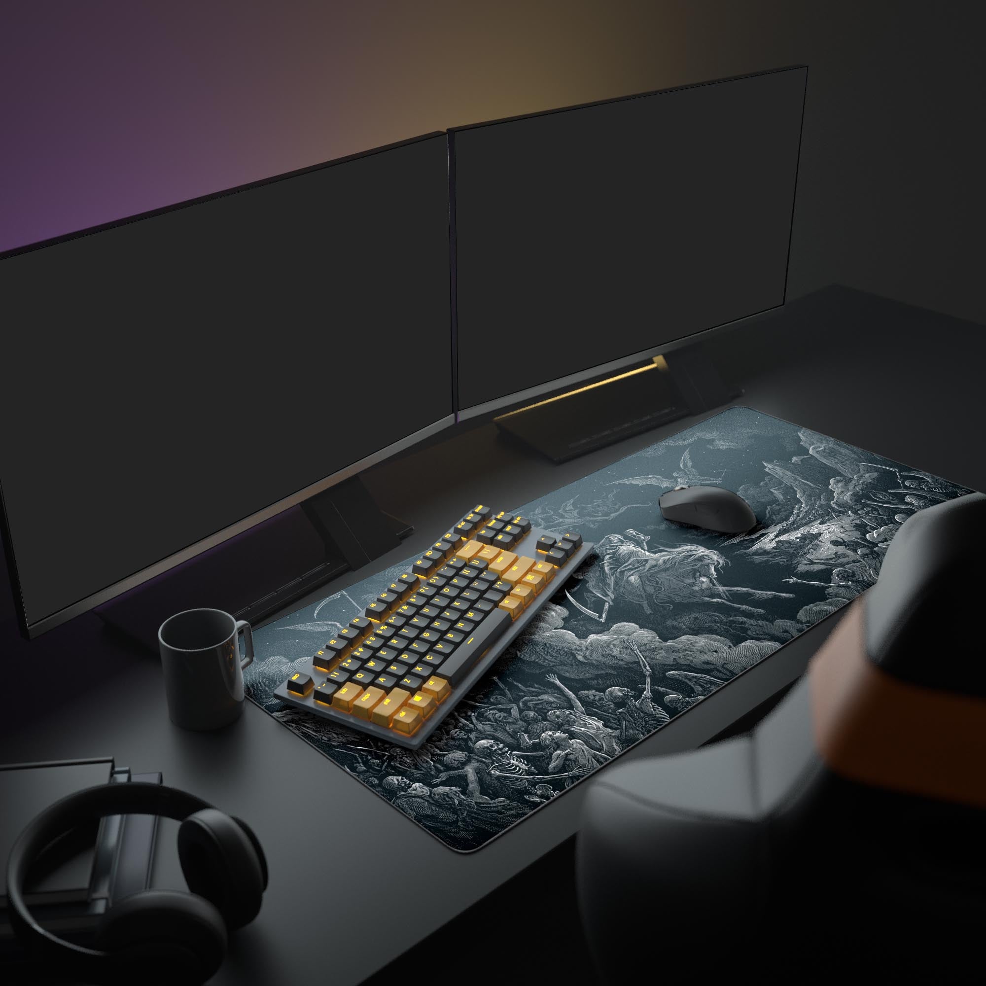 A full PC setup featuring the Vision of Death mouse pad. The dark fantasy design complements the glowing keyboard and multiple monitors, creating a powerful gaming station. - Epic Design Pads & Mousepads