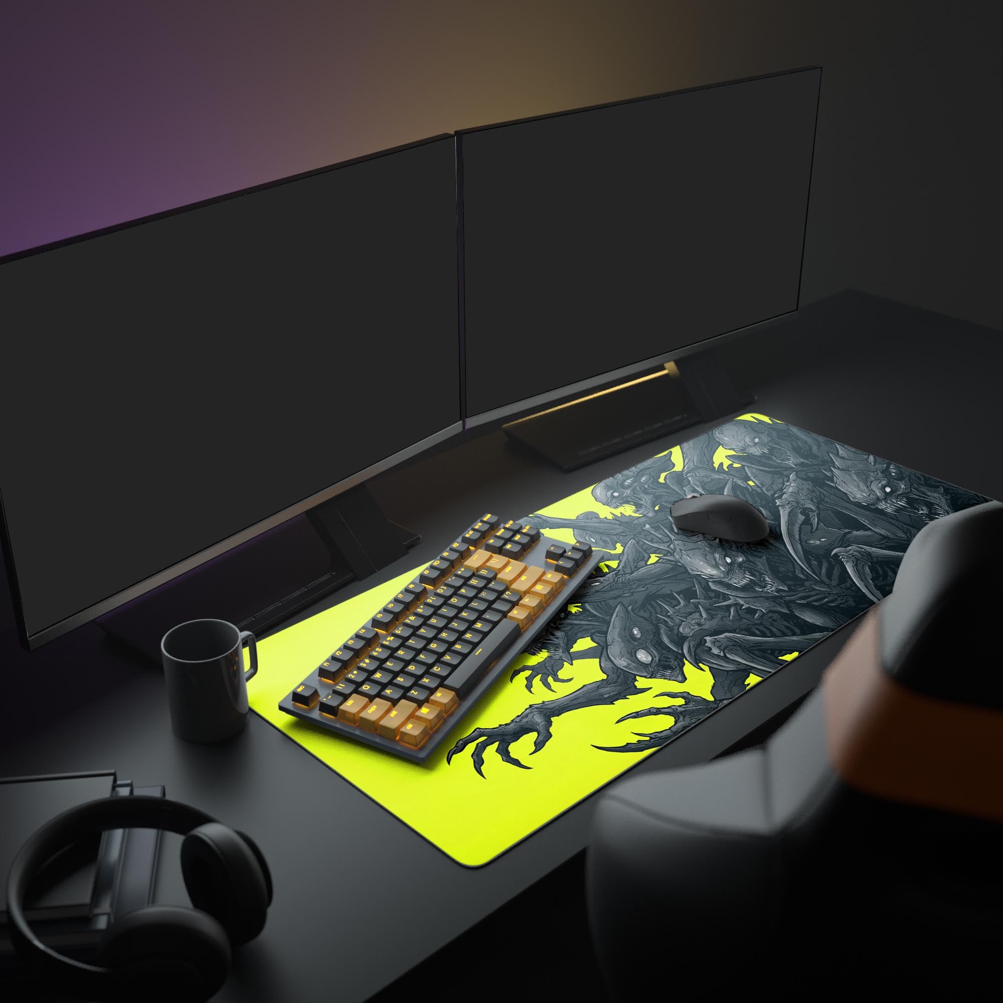 A full gaming PC setup featuring the yellow and black Void Hunters gaming desk mat, providing ample space for a mechanical keyboard and gaming mouse under a monitor. - Epic Design Pads & Mousepads