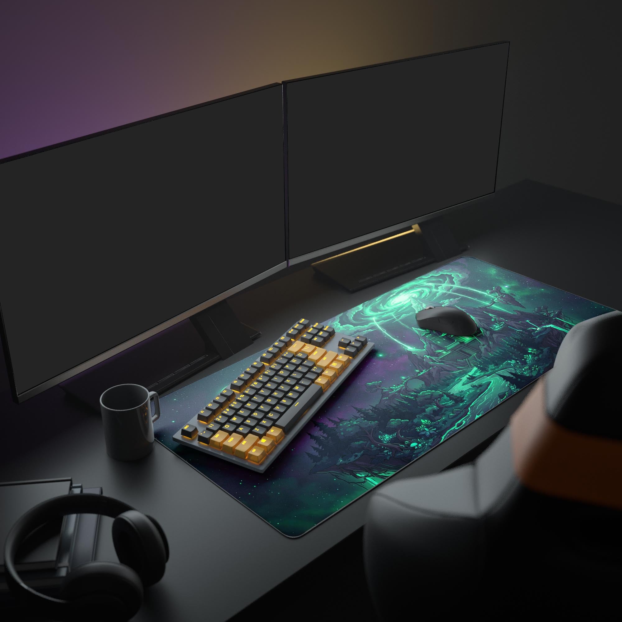 A complete gaming setup featuring the Void Sanctum mouse pad, its cosmic green and purple design illuminating a desk with multiple monitors and an RGB keyboard. - Epic Design Pads & Mousepads