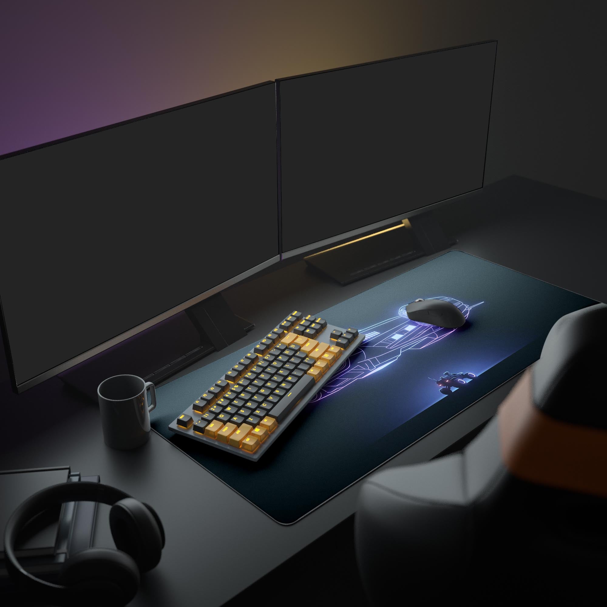 The Void Schematic sci-fi mouse pad serving as the foundation for a clean PC setup, with a large monitor and peripherals creating a futuristic workspace. - Epic Design Pads & Mousepads