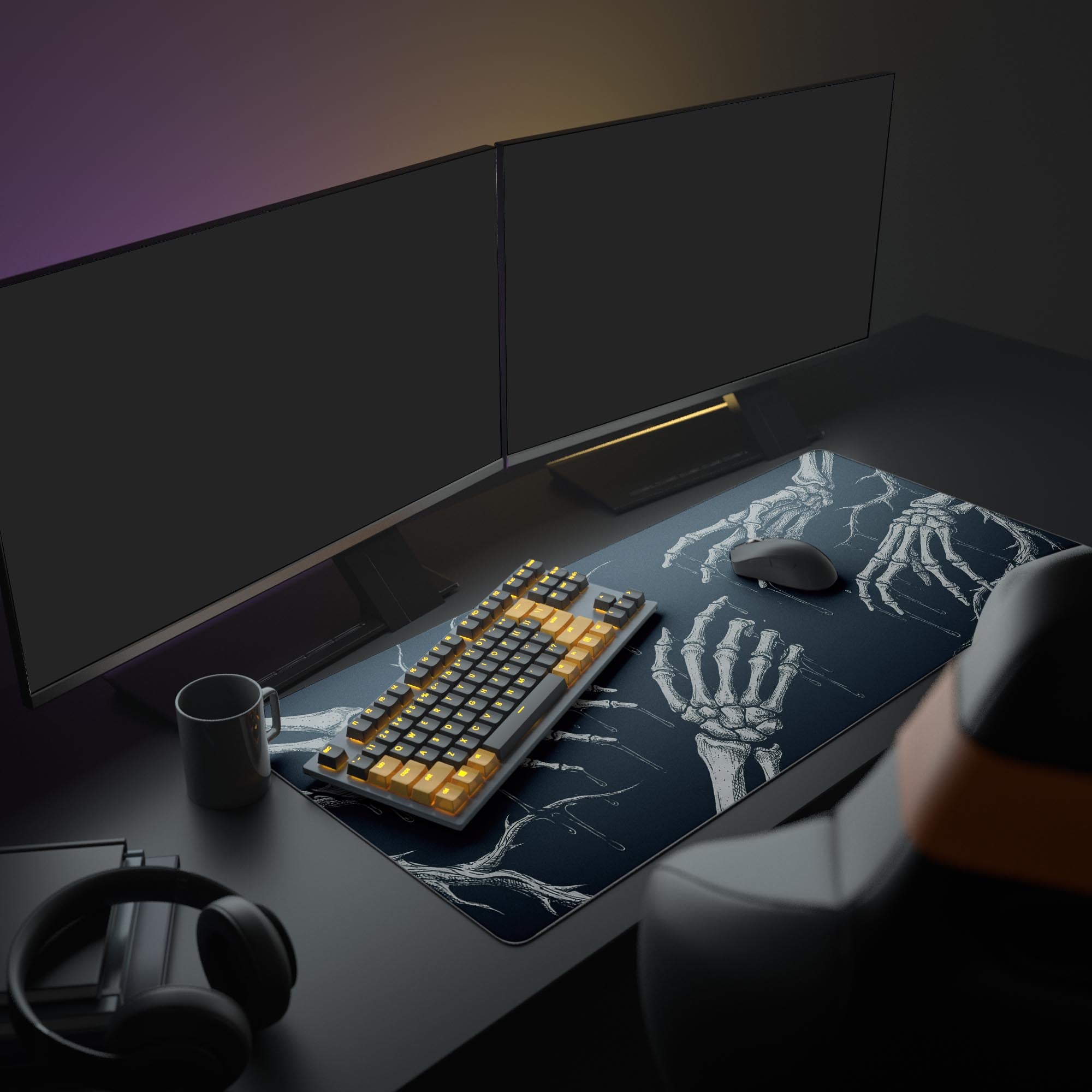 A full PC gaming setup featuring the Void Touch desk mat, creating a dark, gothic aesthetic with multiple monitors. This large mouse pad completes the look. - Epic Design Pads & Mousepads