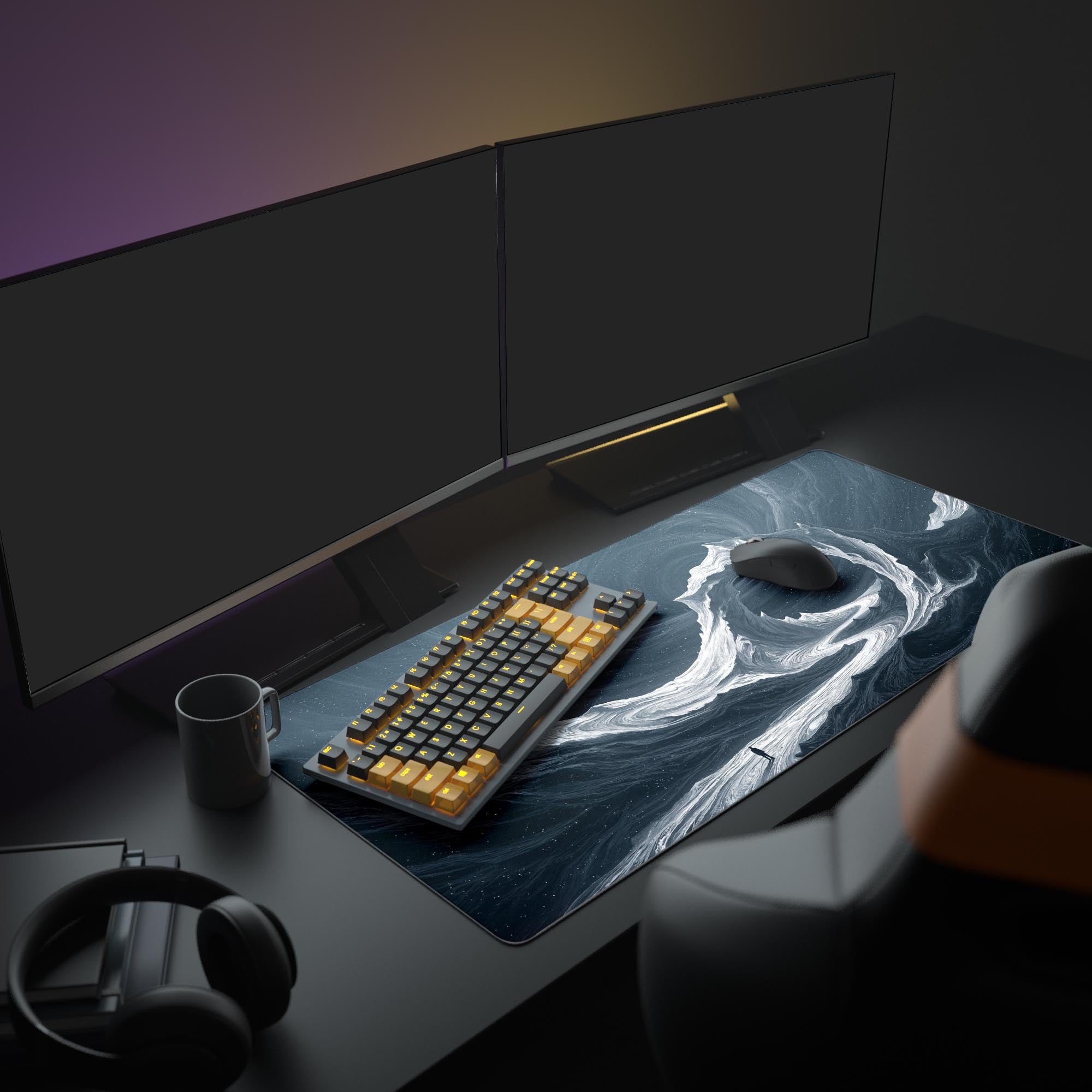 A minimalist desk setup with the Void Walker mouse pad, showcasing its epic dark fantasy art alongside dual monitors and a sleek gaming keyboard. - Epic Design Pads & Mousepads