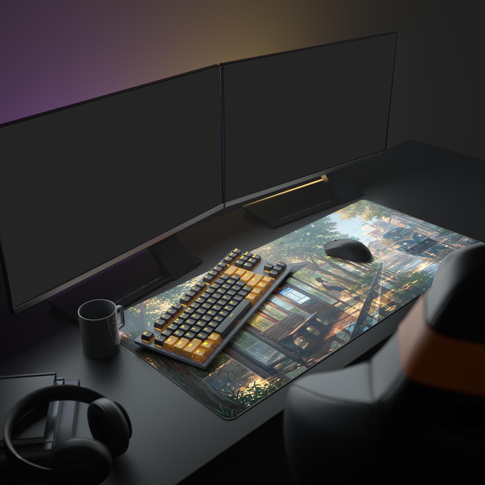 A cozy PC setup featuring the 'Waiting for Home' anime mouse pad, which displays a rainy Japanese street scene under a monitor and peripherals. - Epic Design Pads & Mousepads