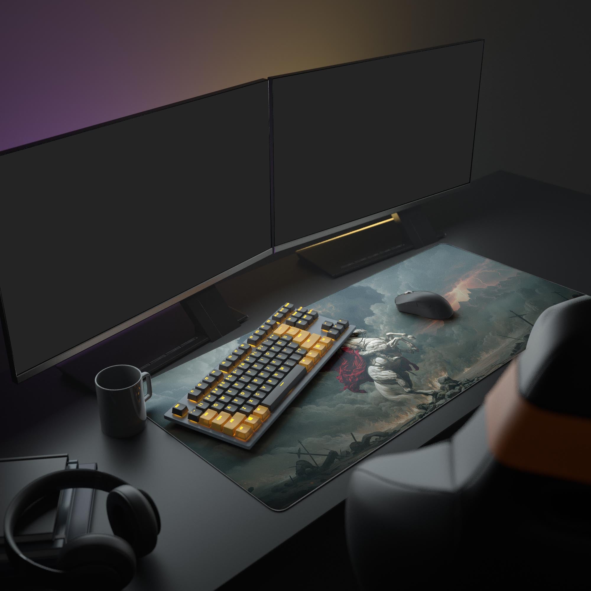 Large Molten Heart gaming desk mat with lava design, featured in a complete gaming setup with dual monitors and RGB lighting. - Epic Design Pads & Mousepads