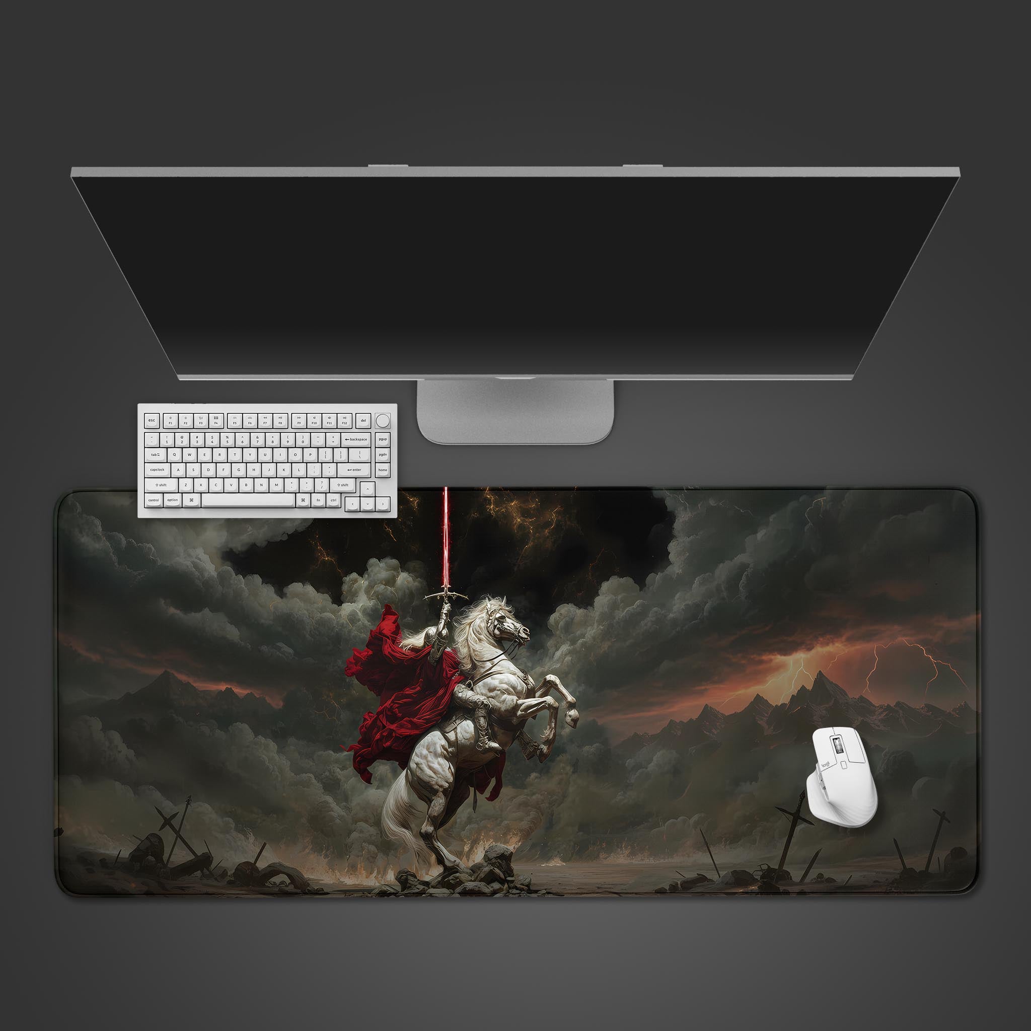 Molten Heart lava desk mat with fiery abstract design, shown in a desktop view with a black keyboard and mouse. - Epic Design Pads & Mousepads