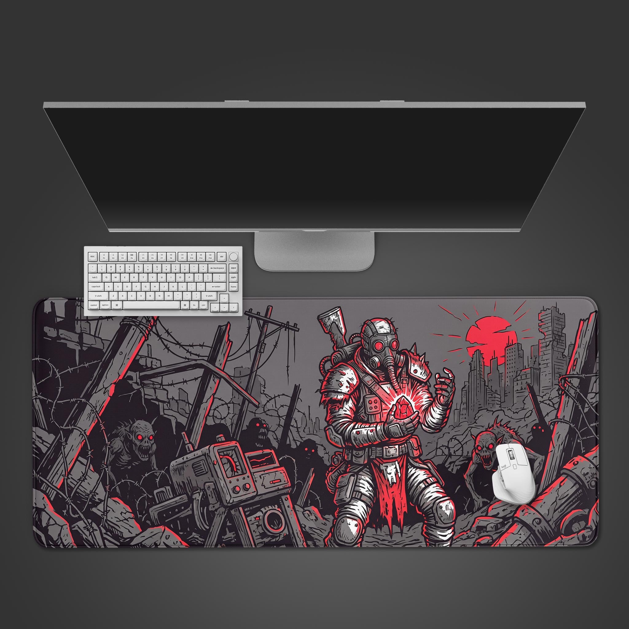 Wasteland Survivor post-apocalyptic desk mat featuring a gas-masked figure and glowing red crystal