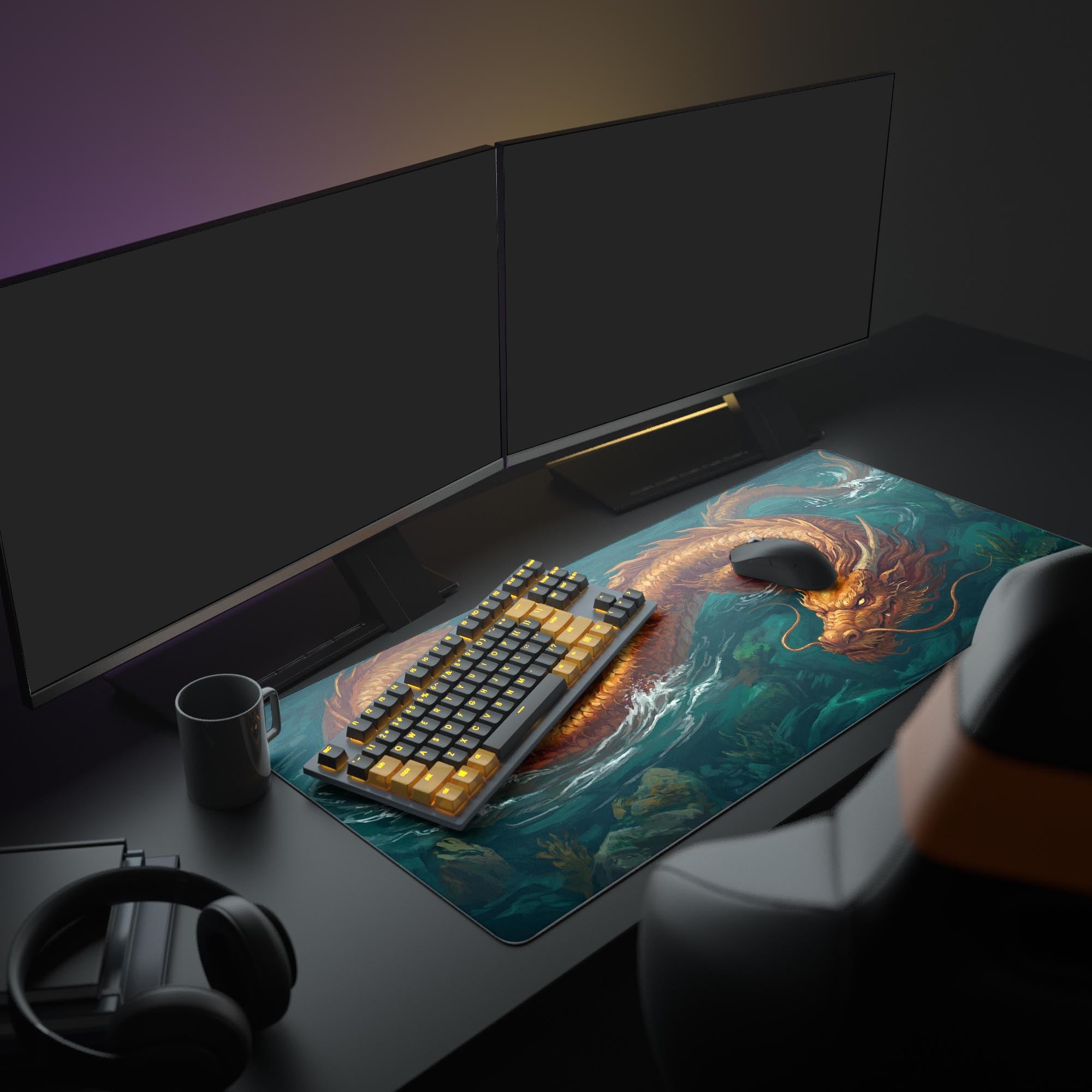Detailed view of the mythical Eastern dragon mouse pad art showing scales and splashing water