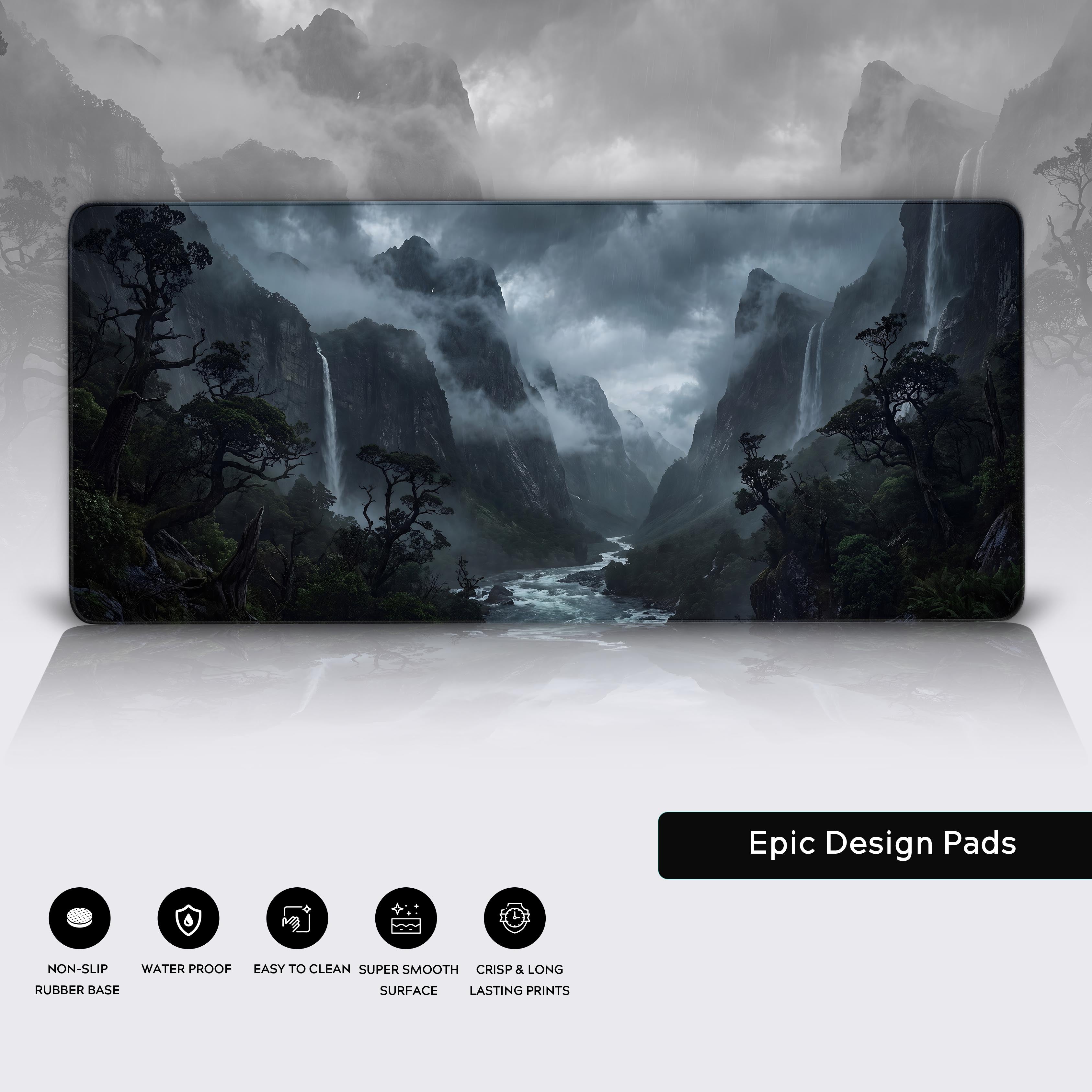 Wide view of the dark atmospheric waterfall landscape printed on a desk mat.