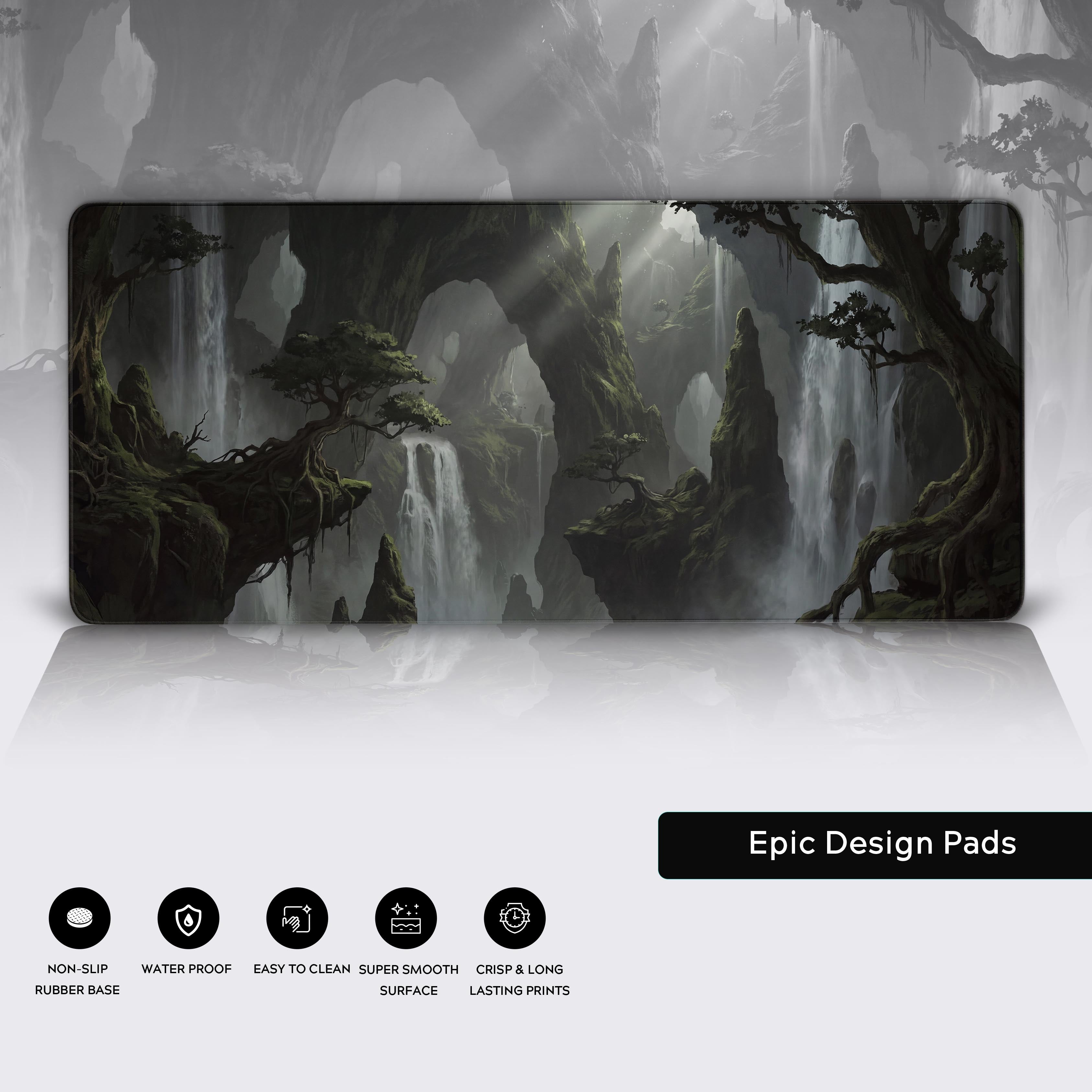 Feature icons below a fantasy nature artwork desk mat