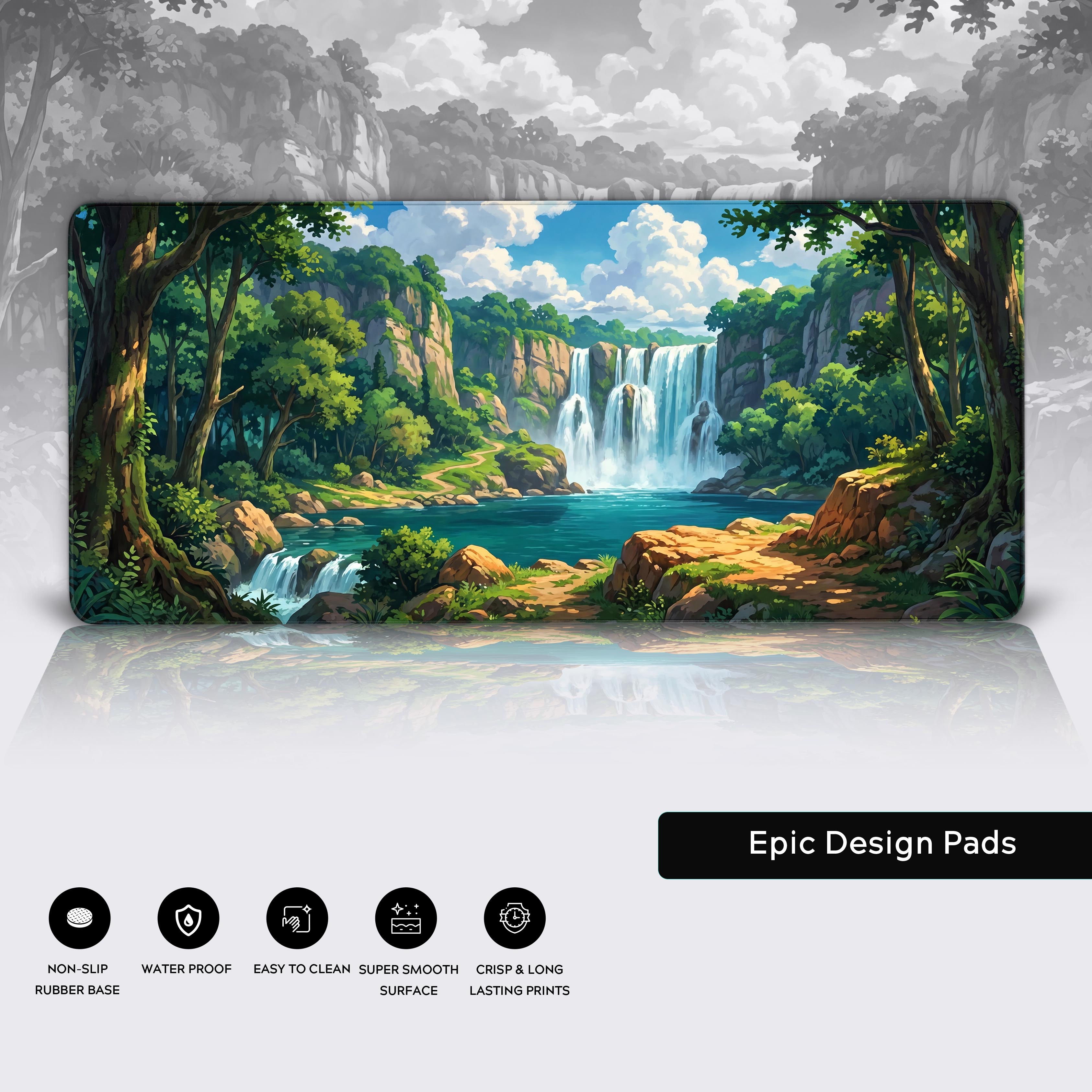 Epic Design Pads desk mat displaying non-slip, waterproof, and smooth surface feature icons with a landscape background