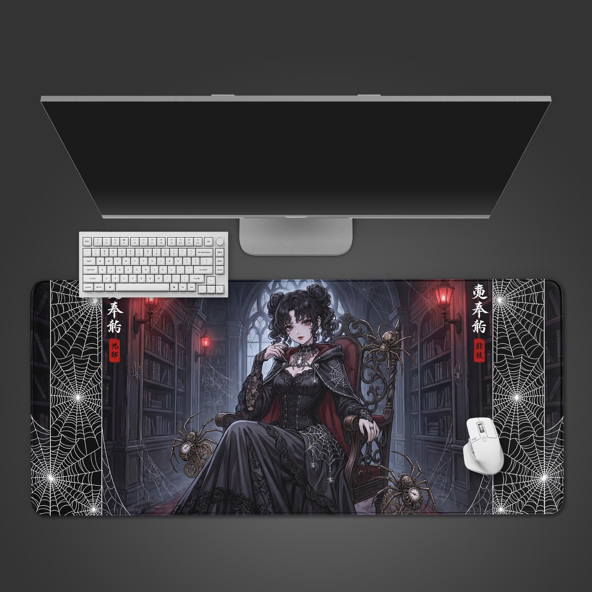 The Weaver's Throne gaming desk mat on a dark surface, featuring a gothic spider queen design with a white keyboard and mouse. - Epic Design Pads & Mousepads
