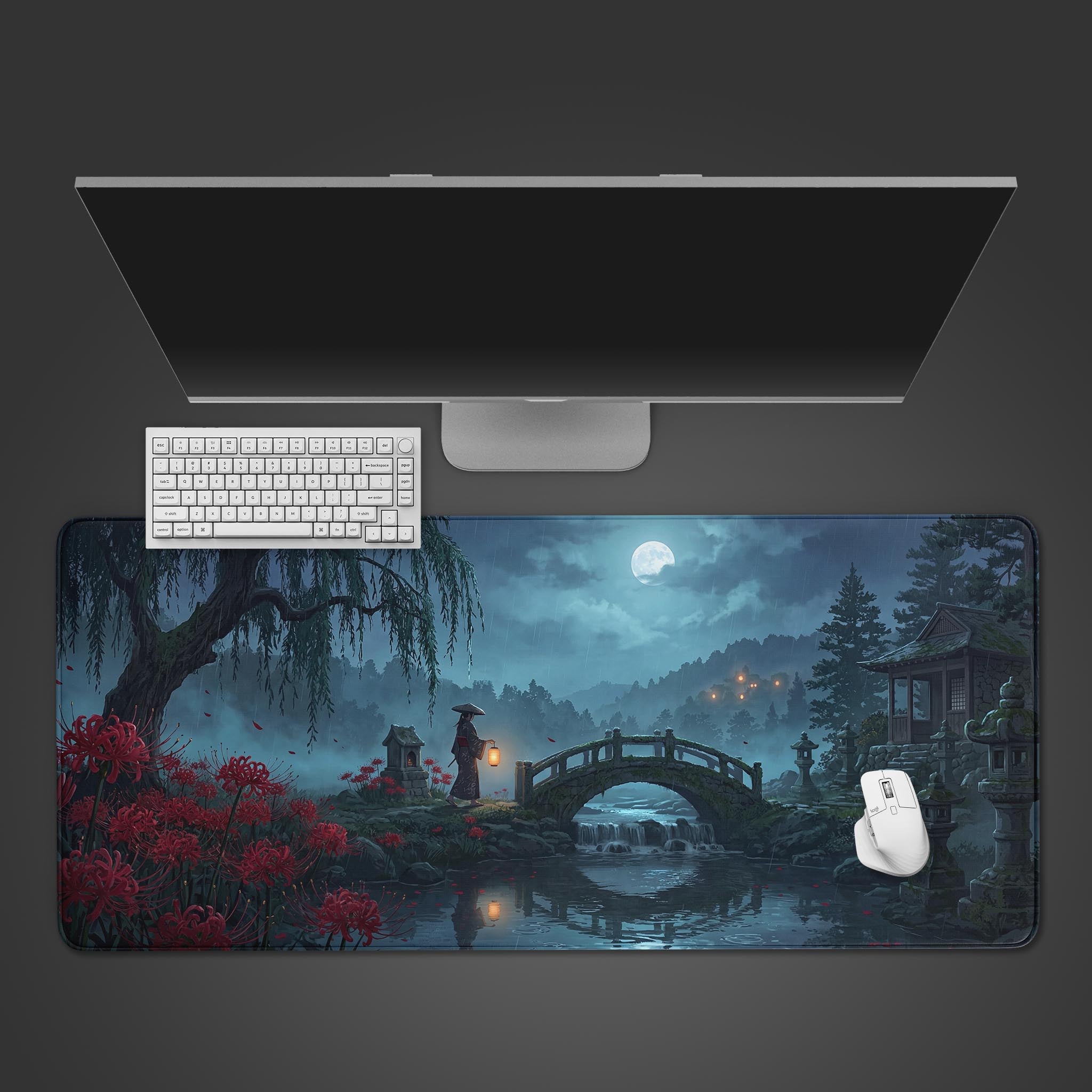 A top-down view of the Weeping Willow gaming desk mat, featuring a rainy Japanese landscape with red spider lilies. A white keyboard and mouse are shown on top. - Epic Design Pads & Mousepads