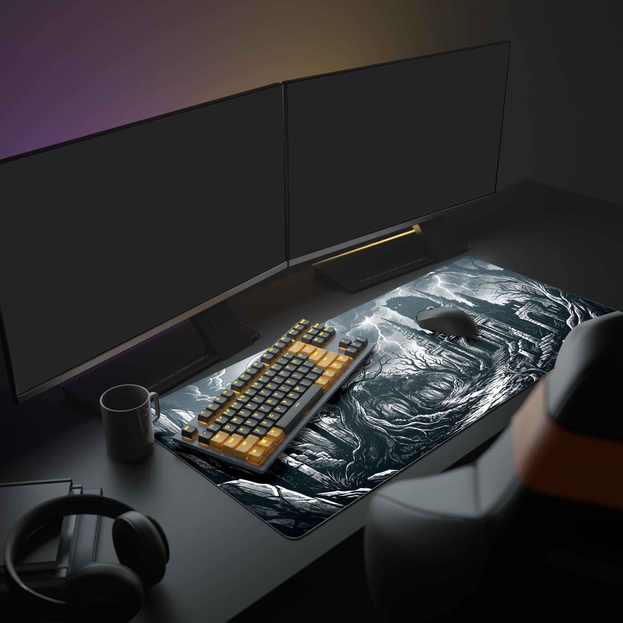 Close-up of the dark fantasy gaming mouse pad showing detailed lightning, dead trees, and intricate cathedral architecture.