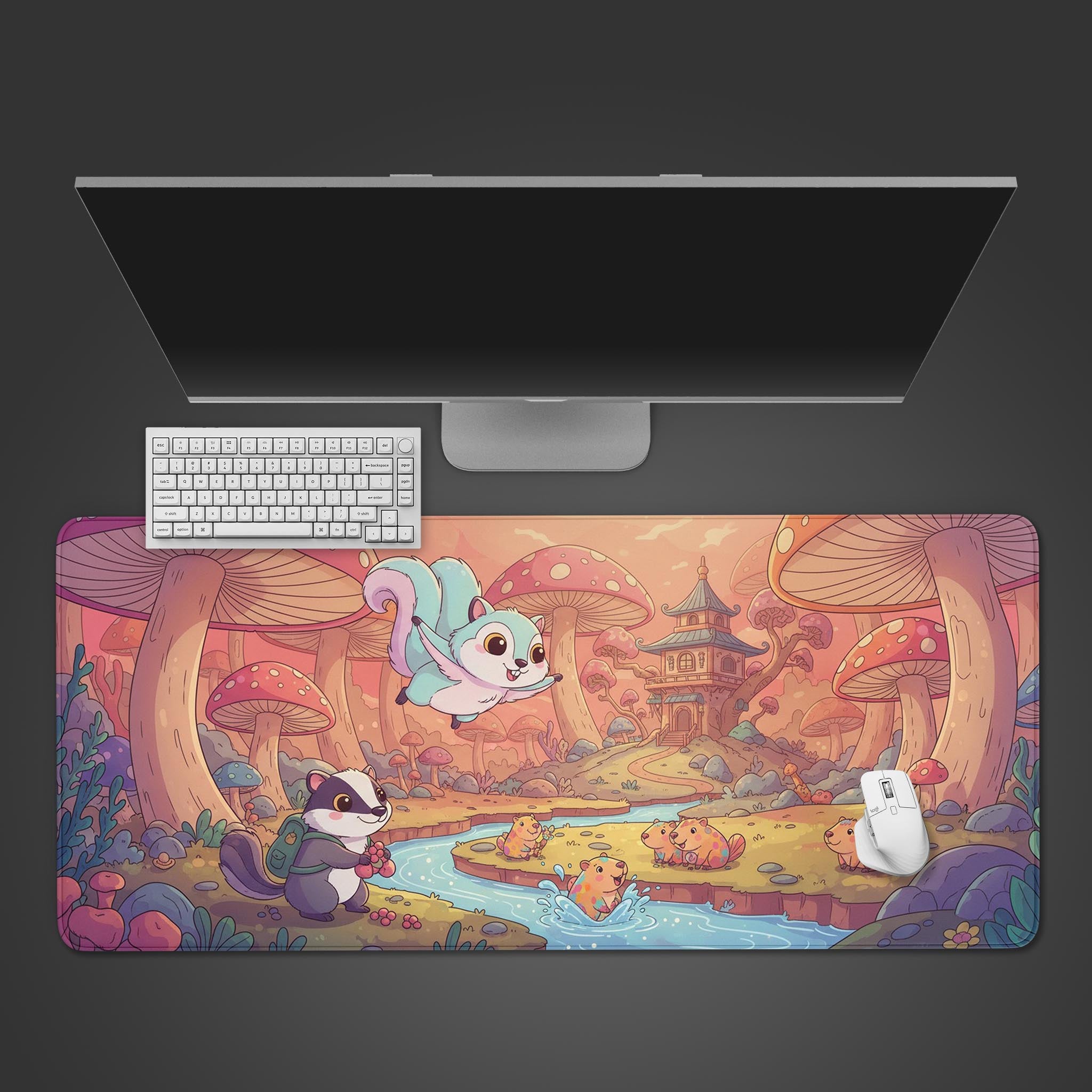 Whimsical Woodland desk mat featuring colorful mushrooms and flying squirrel – desktop view with keyboard. - Epic Design Pads