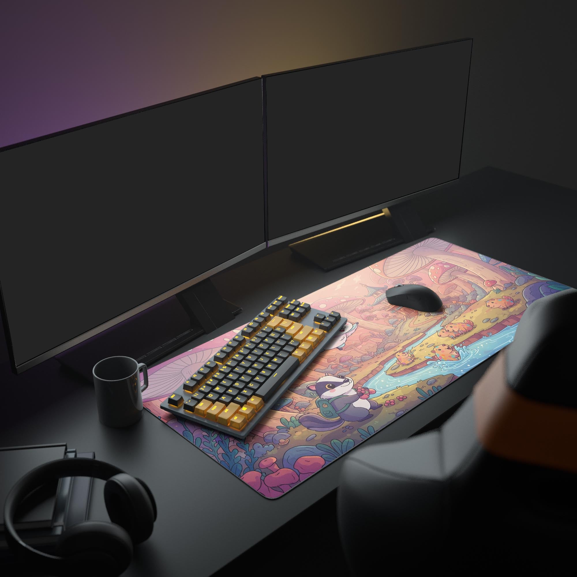 Vibrant forest scene desk mat with playful badger and pagoda backdrop – setup view with dual monitors. - Epic Design Pads