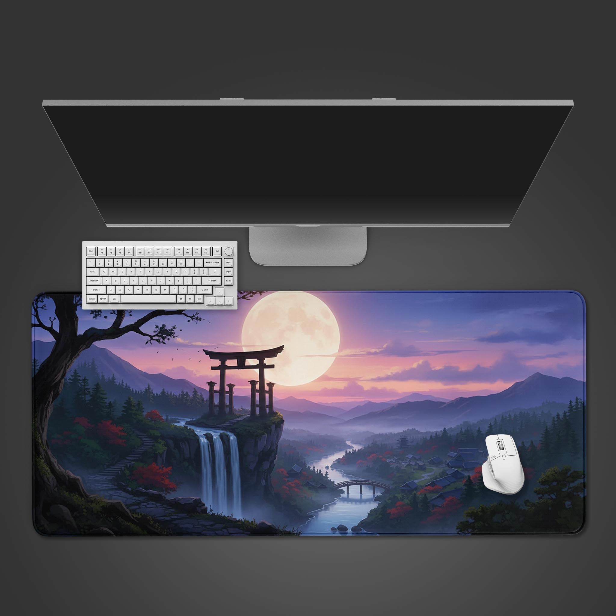 Whispering Falls Japanese desk mat with Torii gate design – top-down desktop view with a keyboard and mouse. - Epic Design Pads