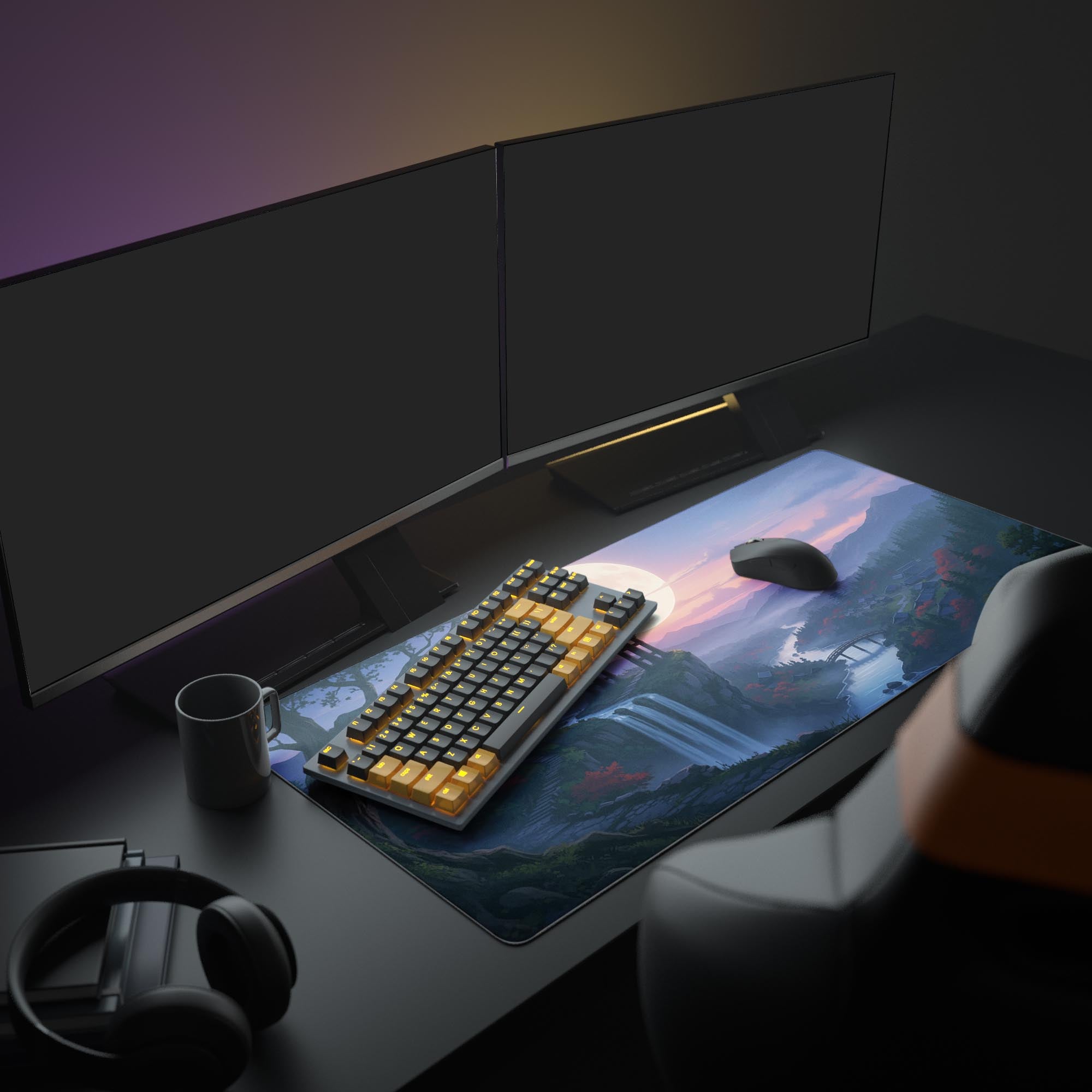 Large Japanese gaming desk mat with Whispering Falls waterfall art – shown in an aesthetic setup with dual monitors and headphones. - Epic Design Pads