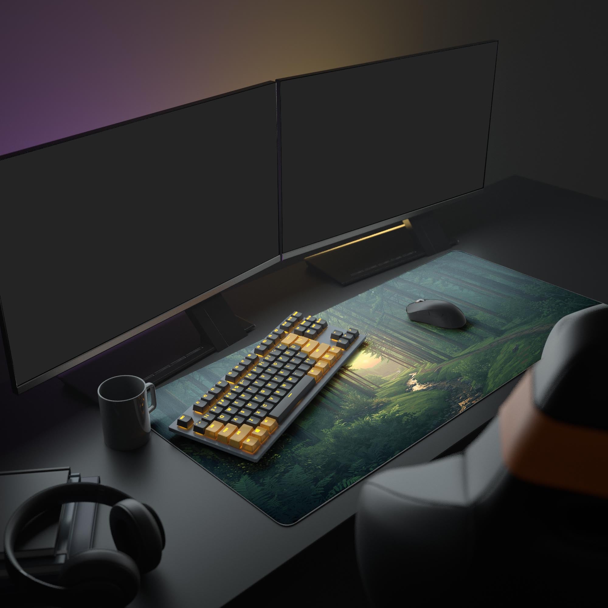 Large nature desk pad with a forest stream design, shown in a cozy desk setup with a mechanical keyboard, dual monitors, and headphones. - Epic Design Pads