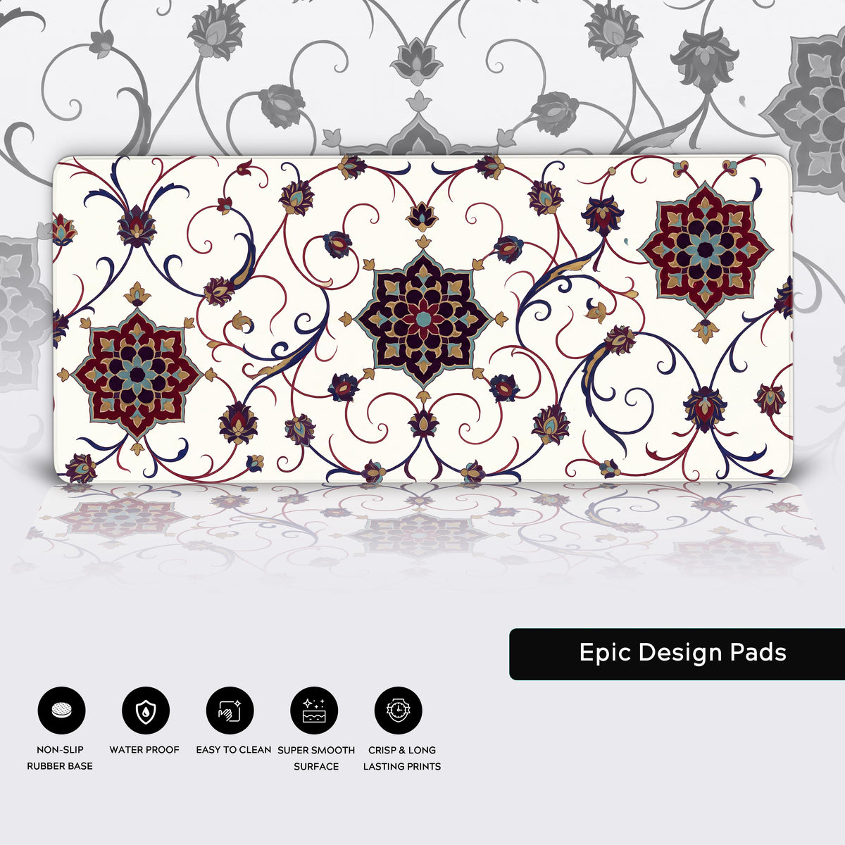 Features panel with the full ivory floral arabesque mat over a faded copy of its art and five feature icons below