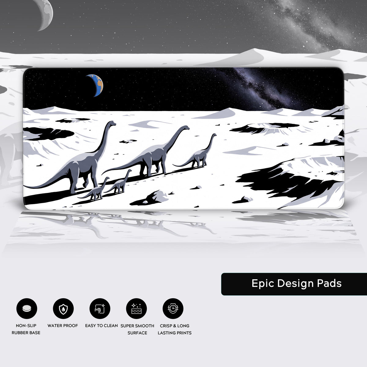 Features panel: five sauropods cross a white moonscape under Earth and the Milky Way, with five feature icons below