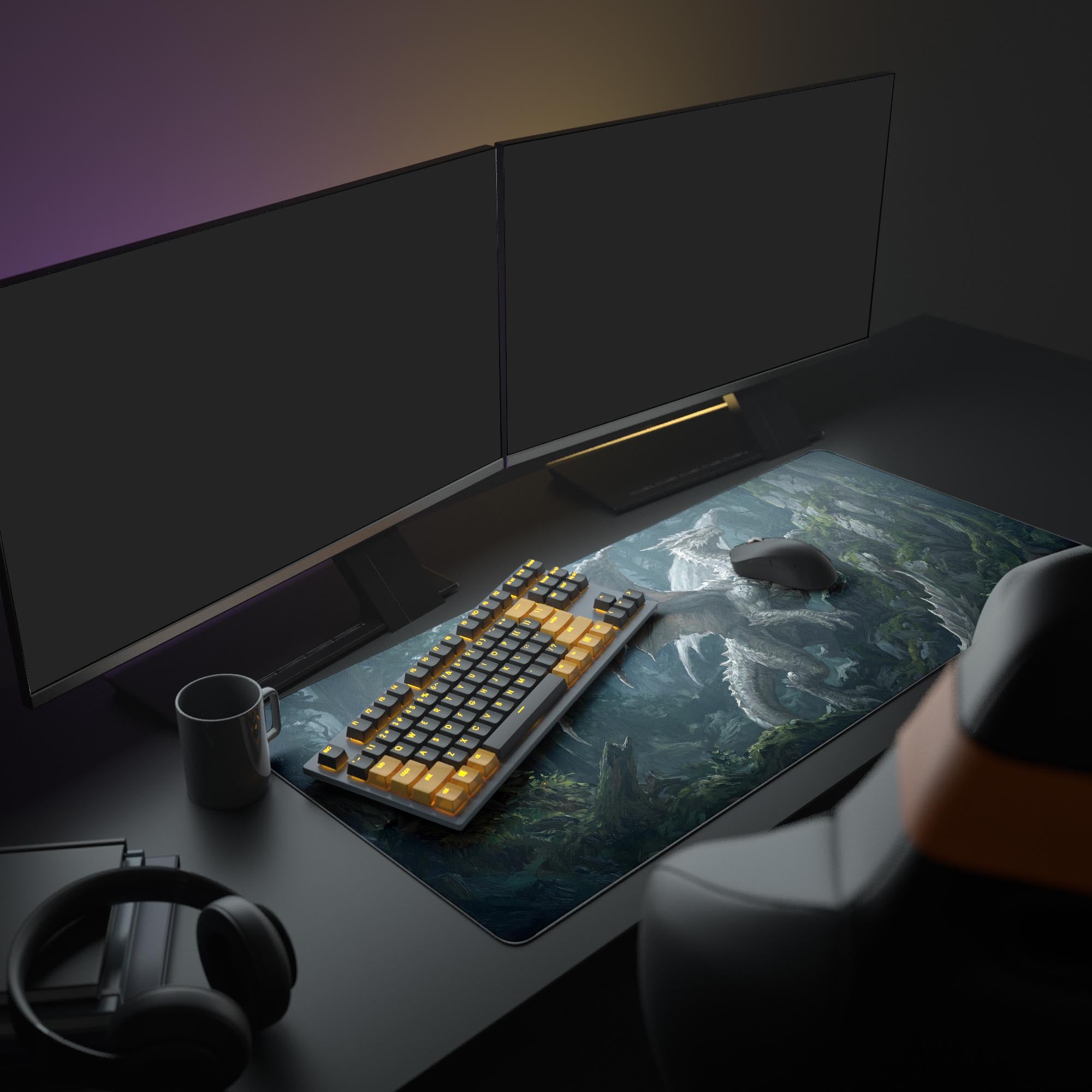 Close up view of the highly detailed silver dragon scales and mossy rocks on the gaming mouse pad