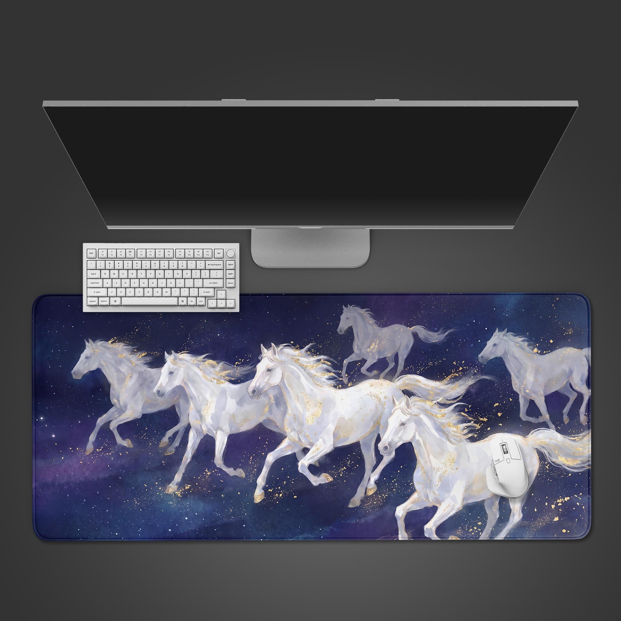 Celestial white horses galloping across a starry nebula night sky on a large gaming desk mat
