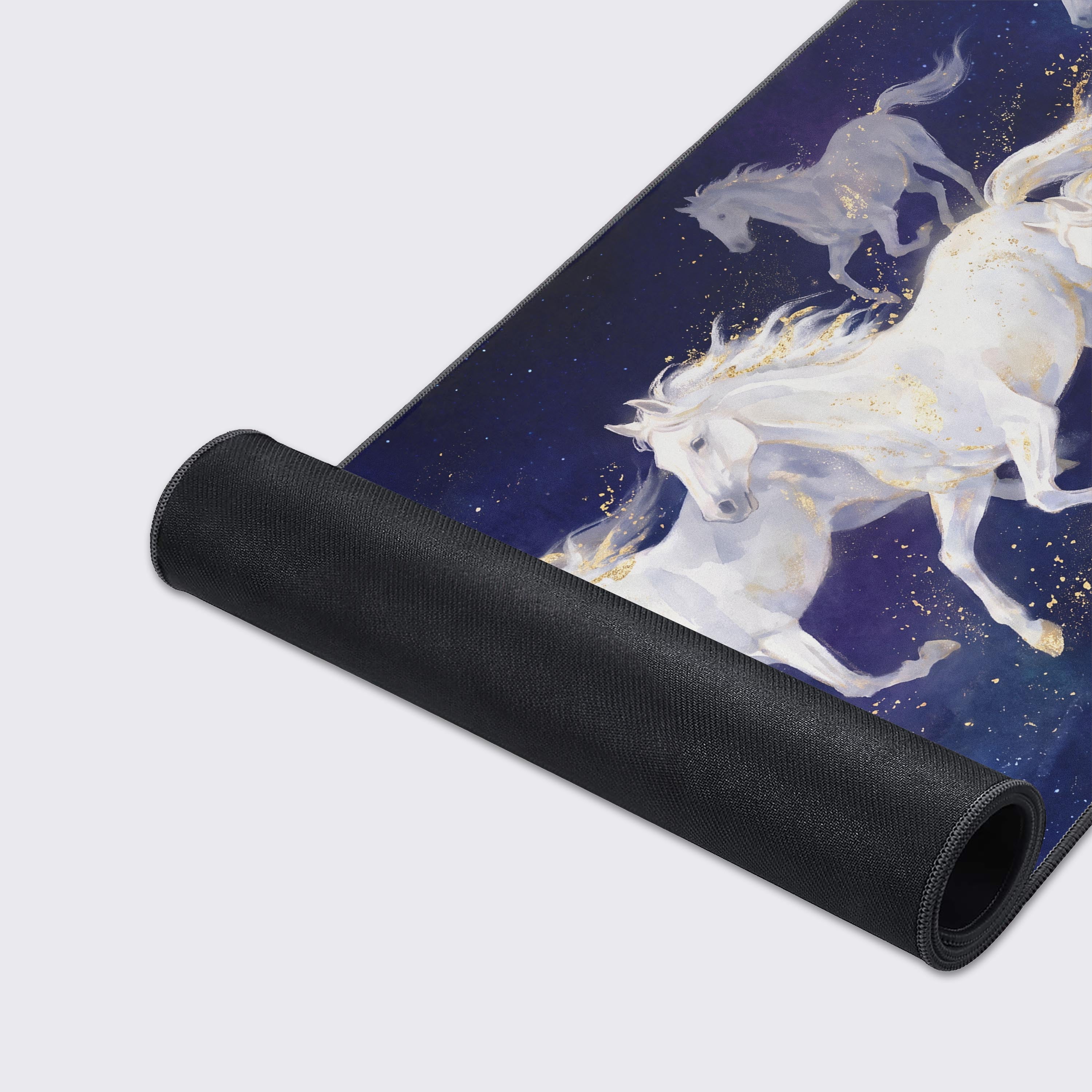 Product features graphic showing non-slip rubber base, waterproof, easy to clean, and smooth surface icons for the horse desk mat