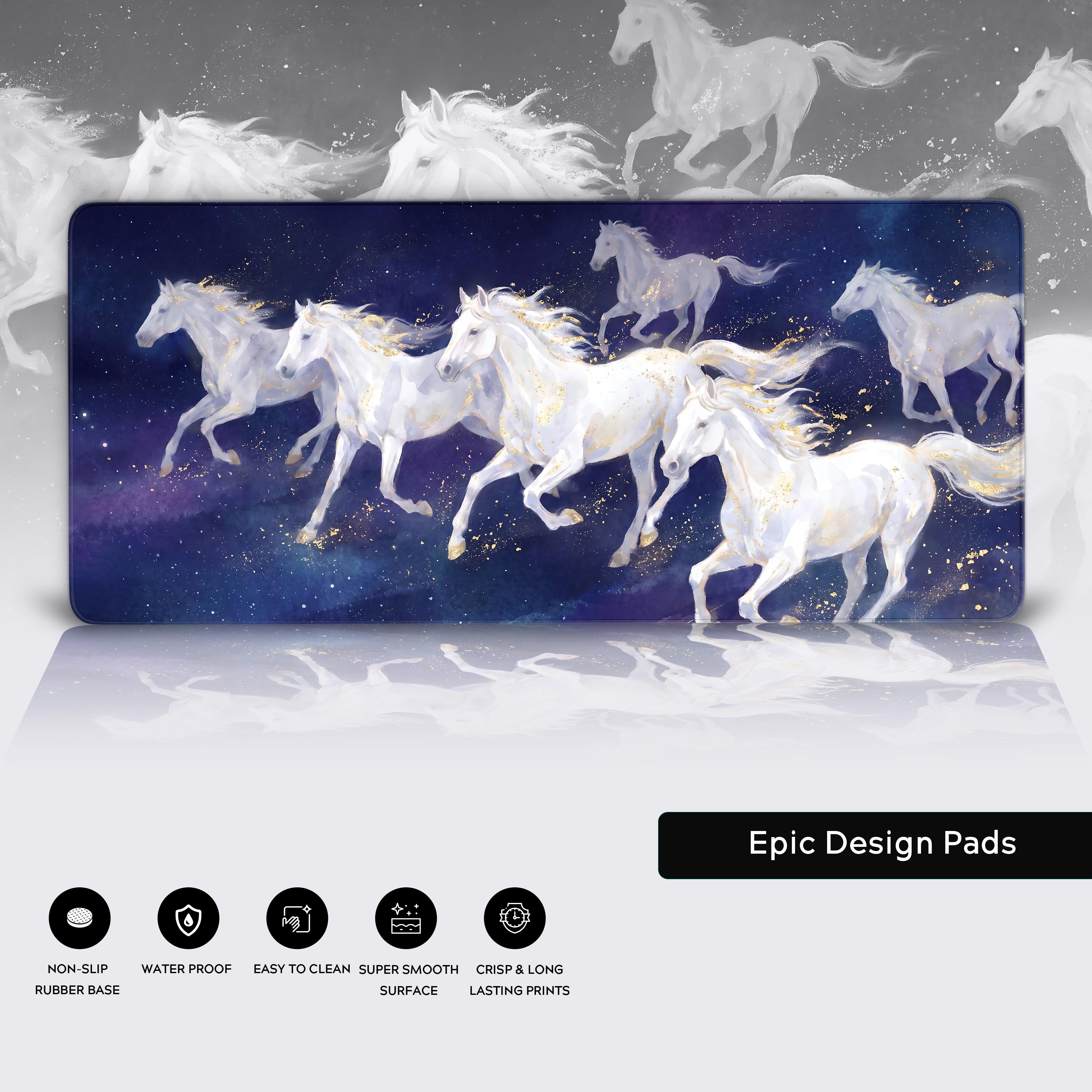 A glowing white majestic horse leading a herd through deep space on an XL desk mat