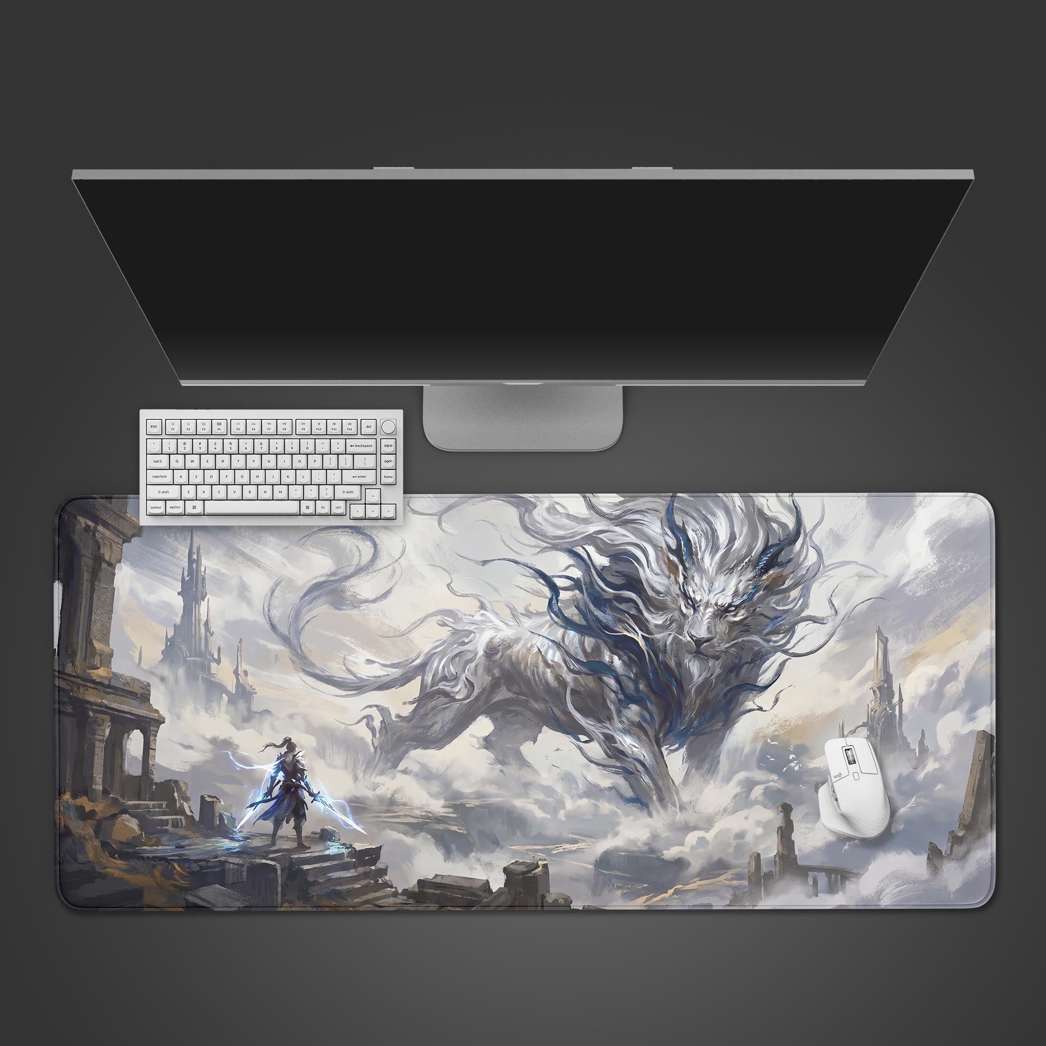 A massive ethereal white lion looking down at a warrior amidst cloudy ancient ruins on an extended gaming desk mat.