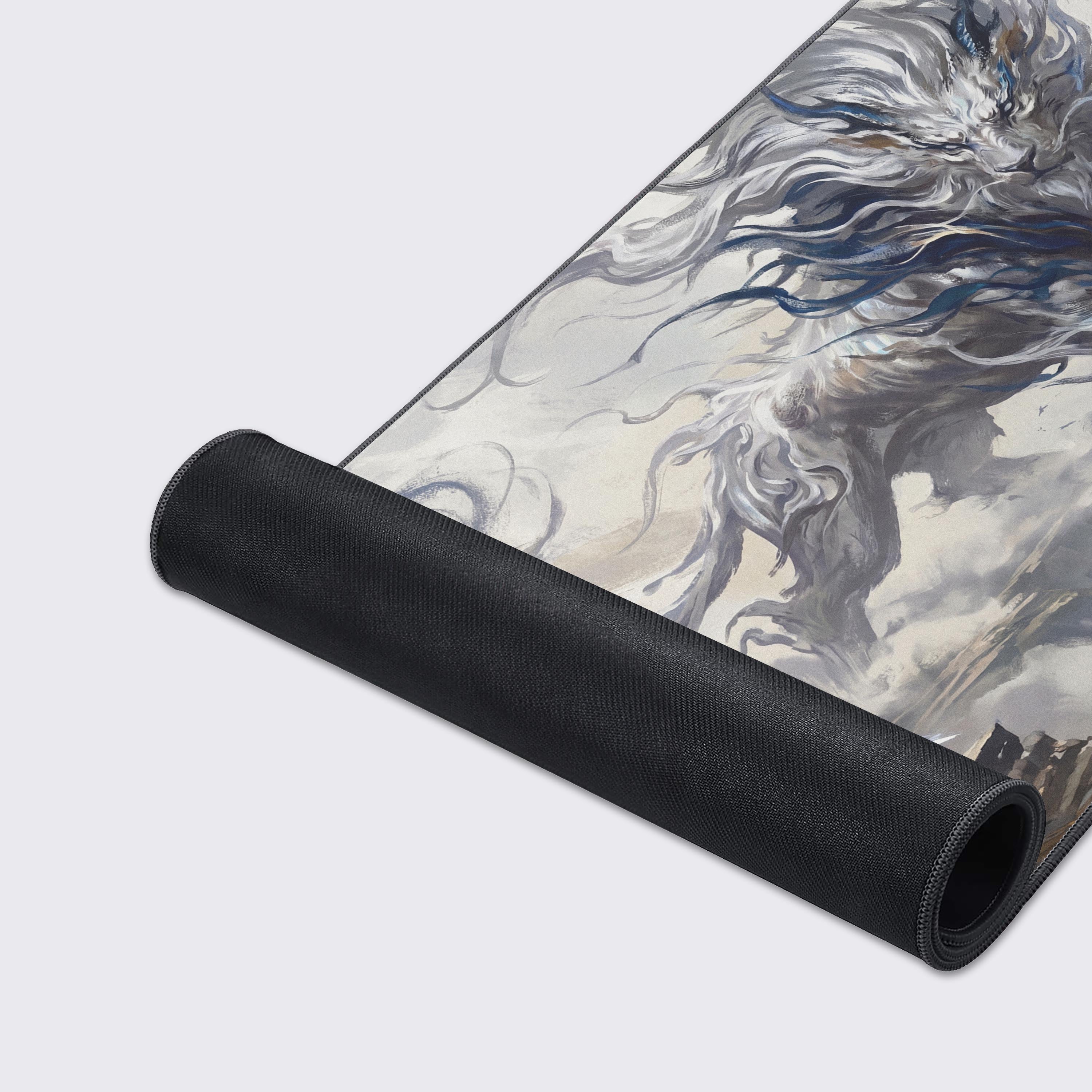 Features of the white lion desk mat including non-slip rubber base, water-proof surface, and crisp long-lasting prints.