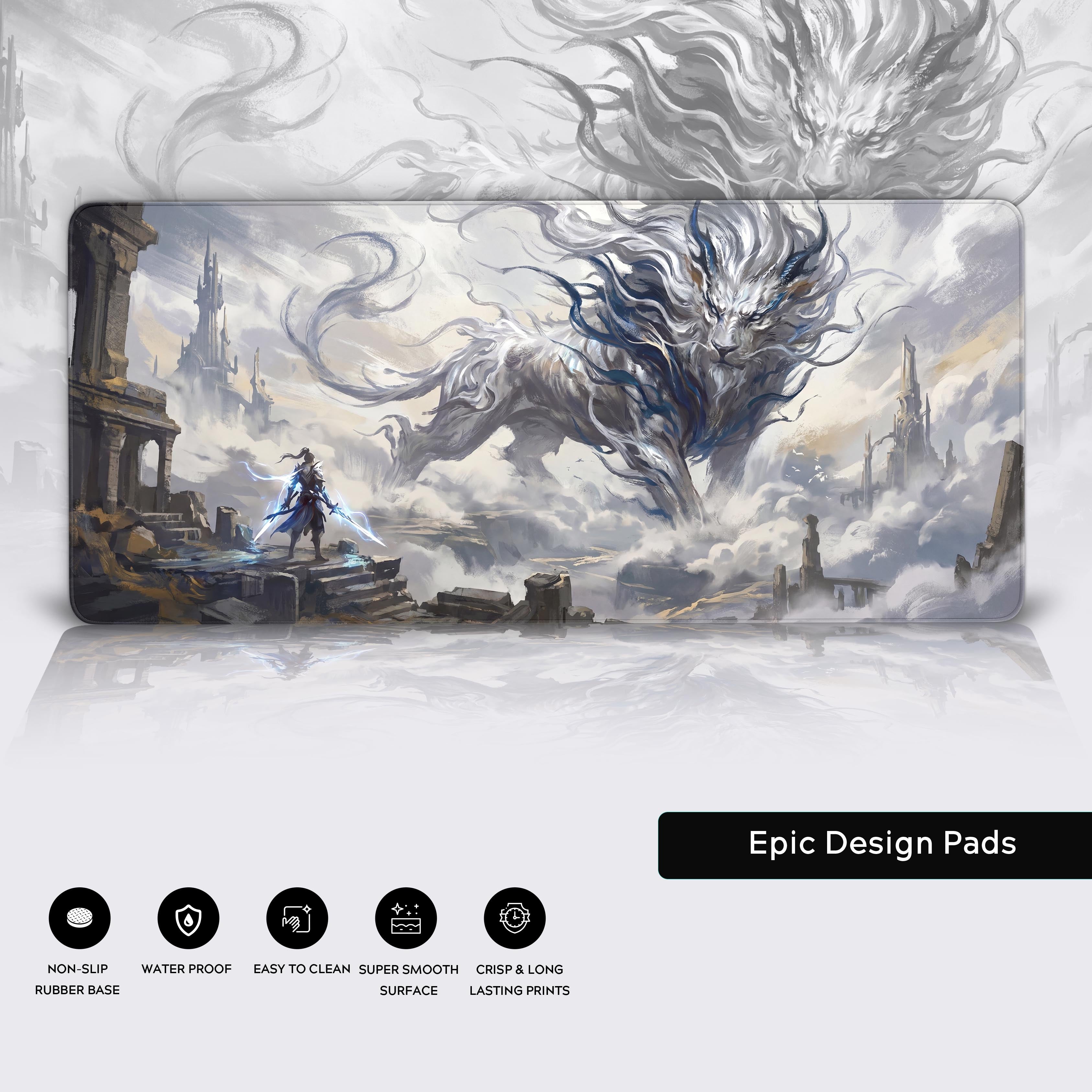 Epic high fantasy setup featuring the ethereal lion extended mouse pad protecting a smooth desk surface.