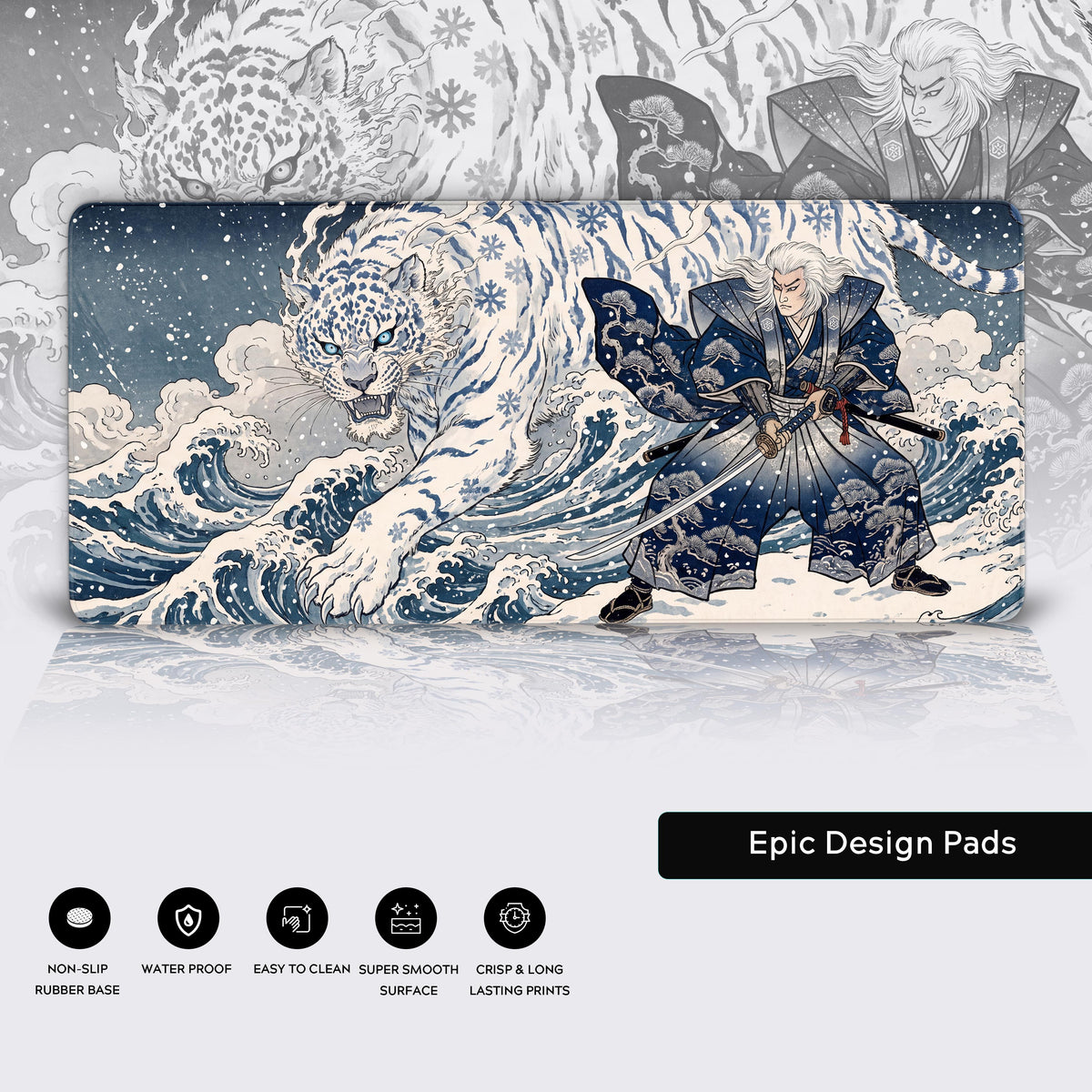 Graphic showing the desk mat hovering above its own reflection, accompanied by product feature icons like waterproof and non-slip.