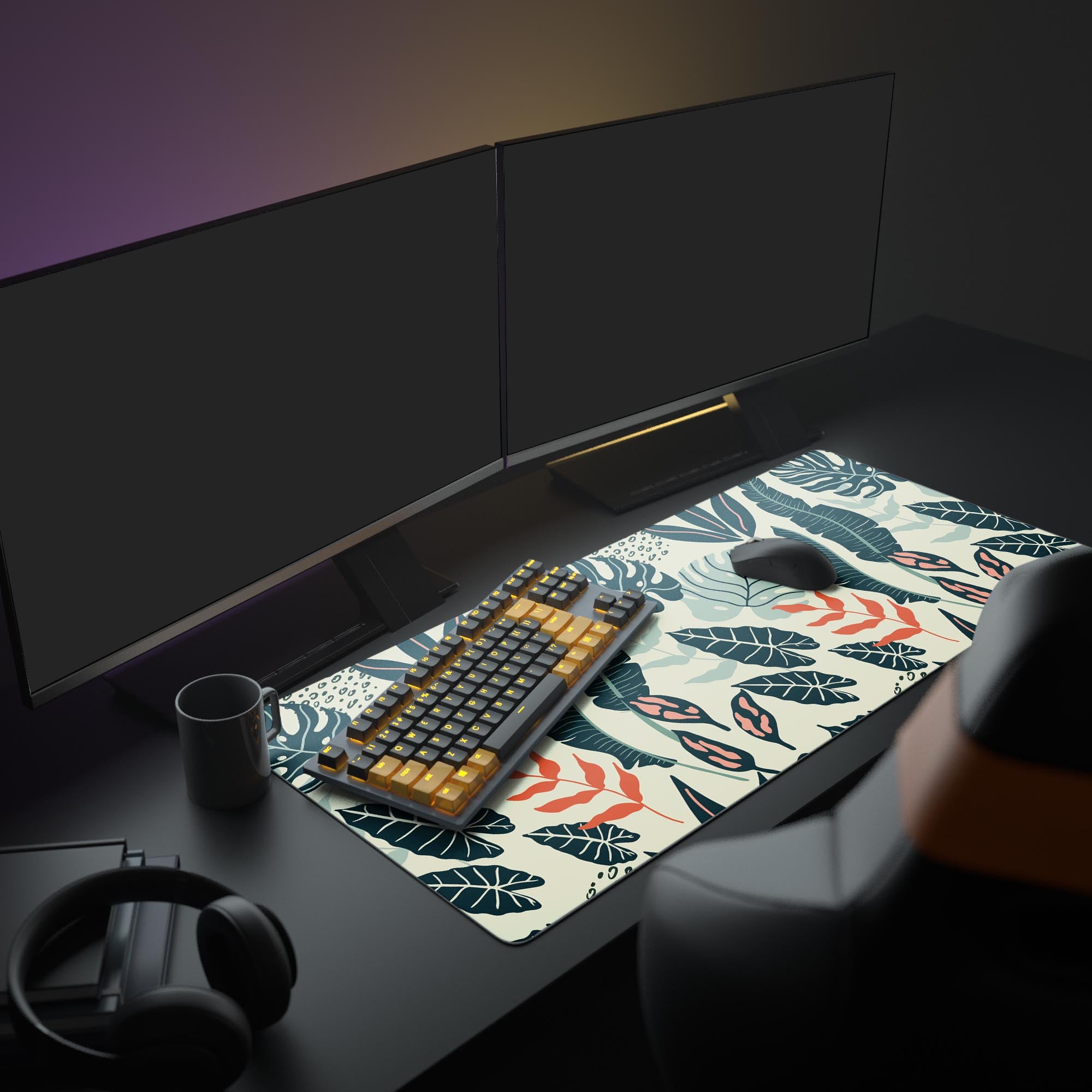 Large Wild Botanical Desk Mat in an aesthetic desk setup with a mechanical keyboard, dual monitors, and office plants. - Epic Design Pads