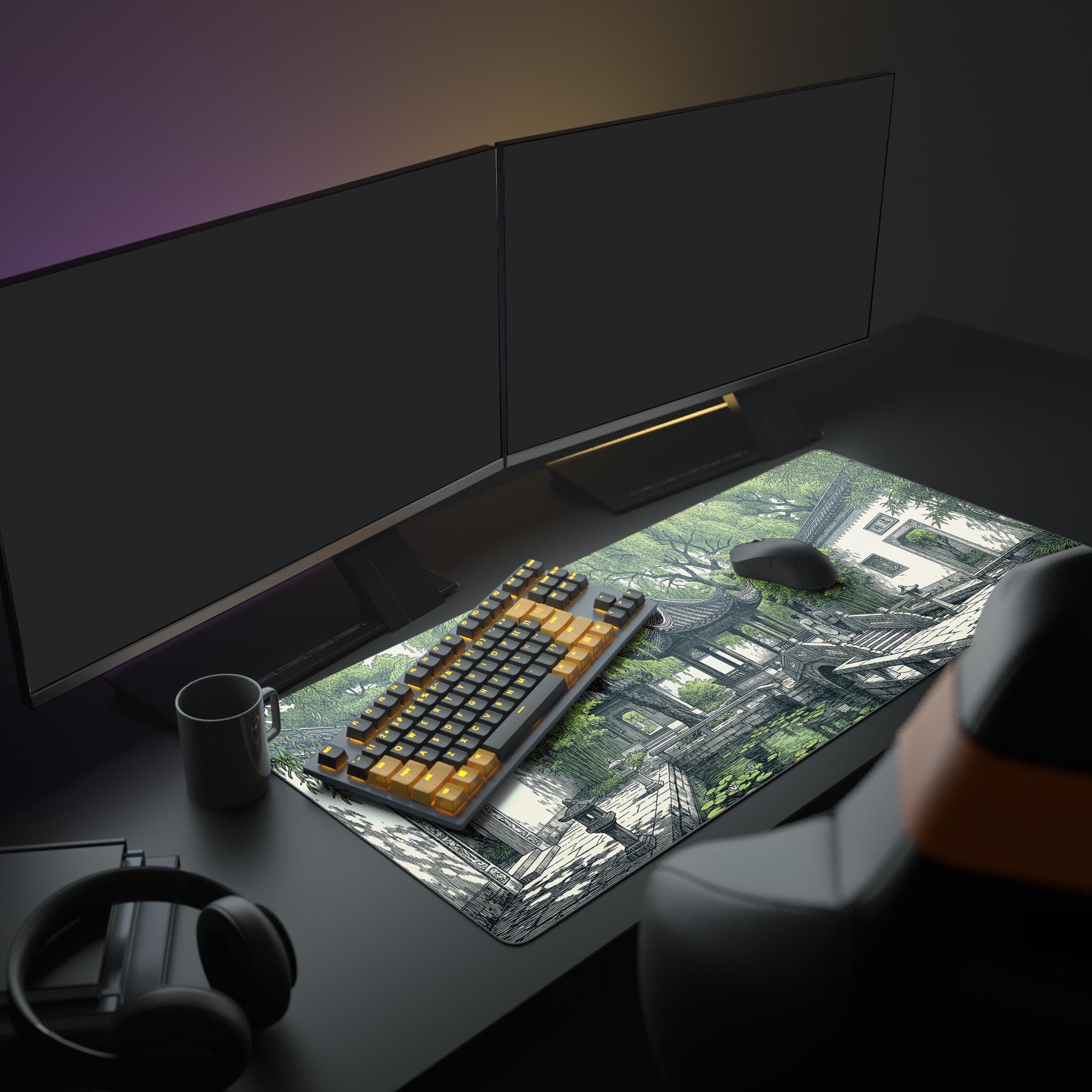 A serene PC setup featuring the Willow Pavilion gaming desk mat, with its green and white Chinese garden art, under a large monitor and minimalist peripherals. - Epic Design Pads & Mousepads