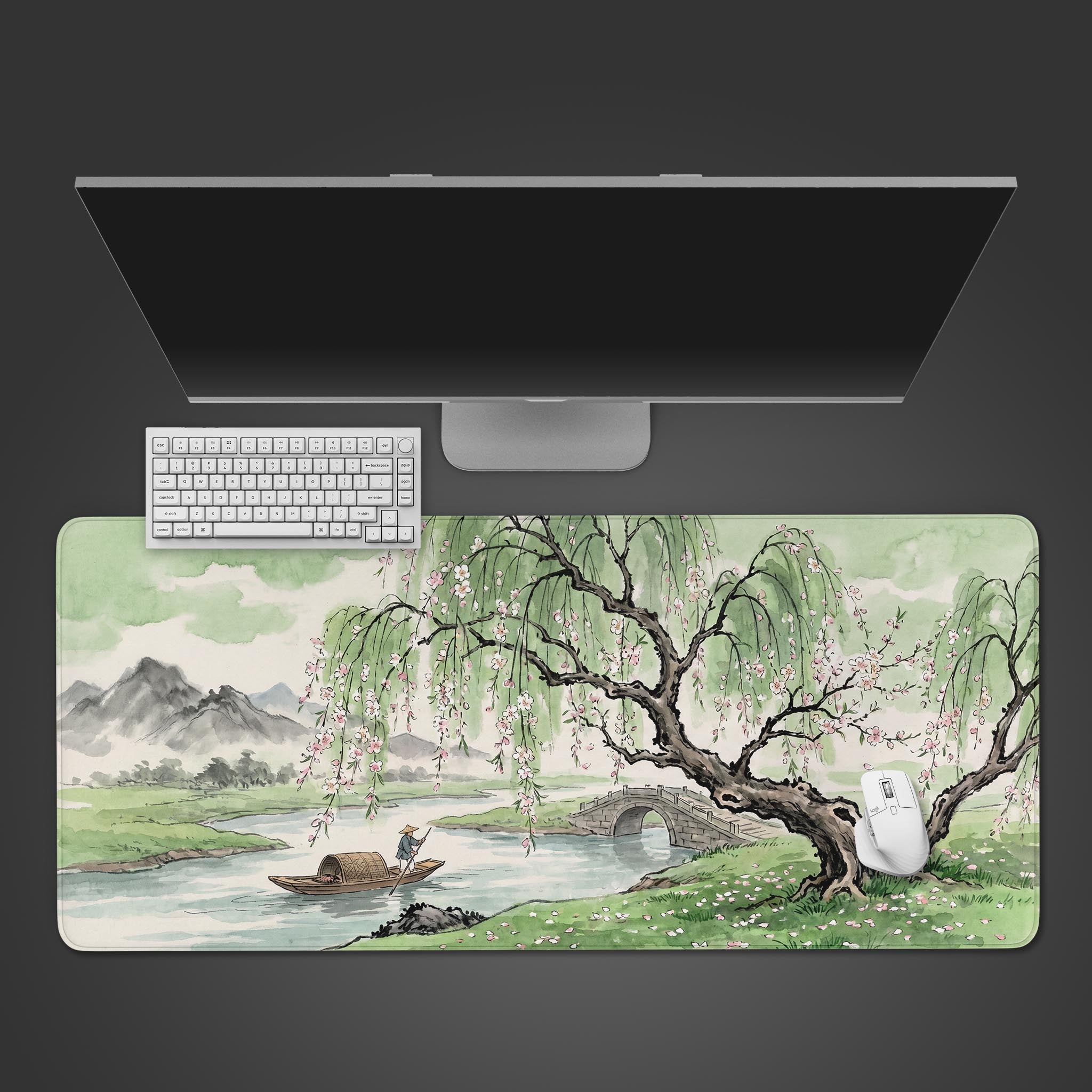 Spring Willow River desk mat featuring a traditional Chinese watercolor landscape with a river and boatman
