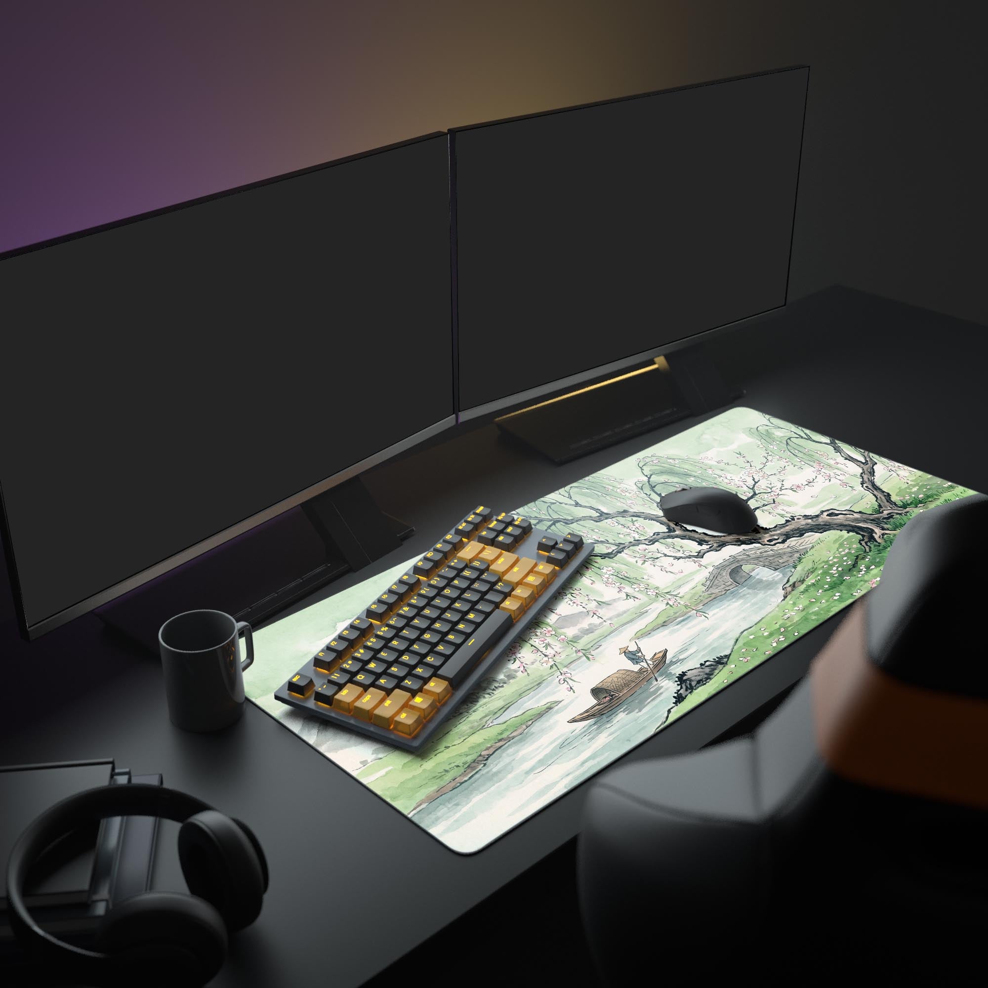 Close-up of the weeping willow tree and pink blossoms on the traditional landscape mouse pad
