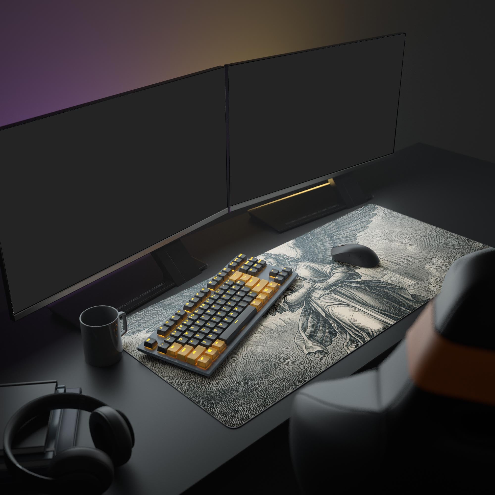Large Winged Sentinel angel desk mat in a gaming setup. Features a mechanical keyboard, dual monitors, and headphones, creating a gothic workspace aesthetic. - Epic Design Pads