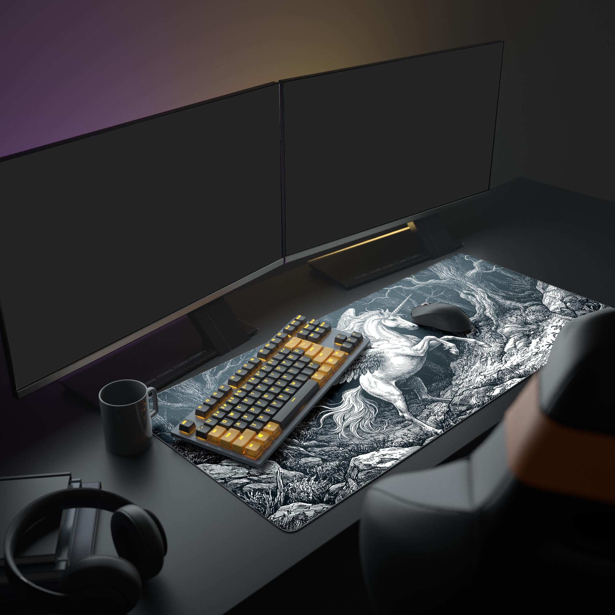 Close-up of the intricately drawn alicorn and gnarled gothic trees on the gaming mouse pad.