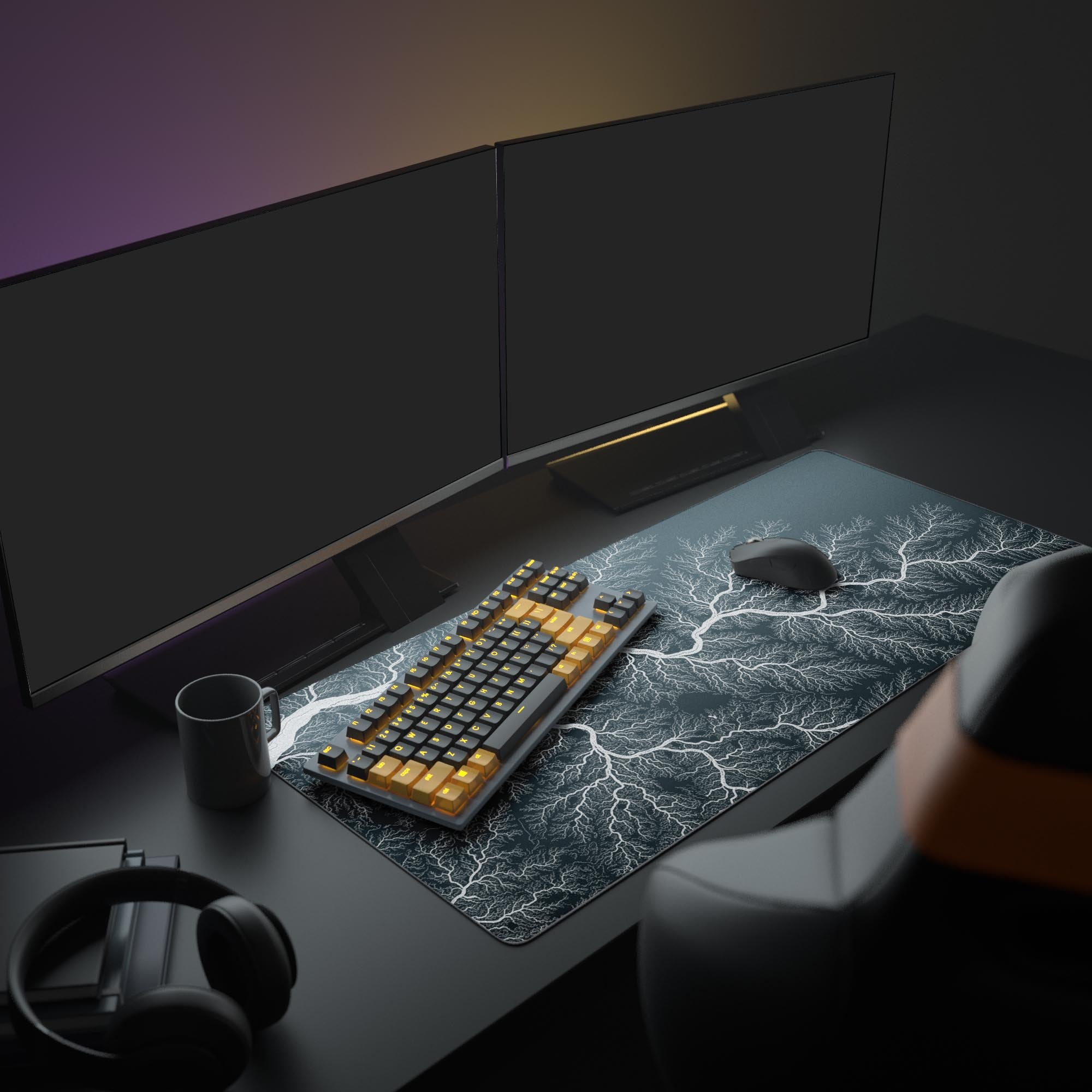 Large Winter Branches desk mat shown in a modern desk setup with dual monitors, mechanical keyboard, and headphones, creating a focused workspace. - Epic Design Pads