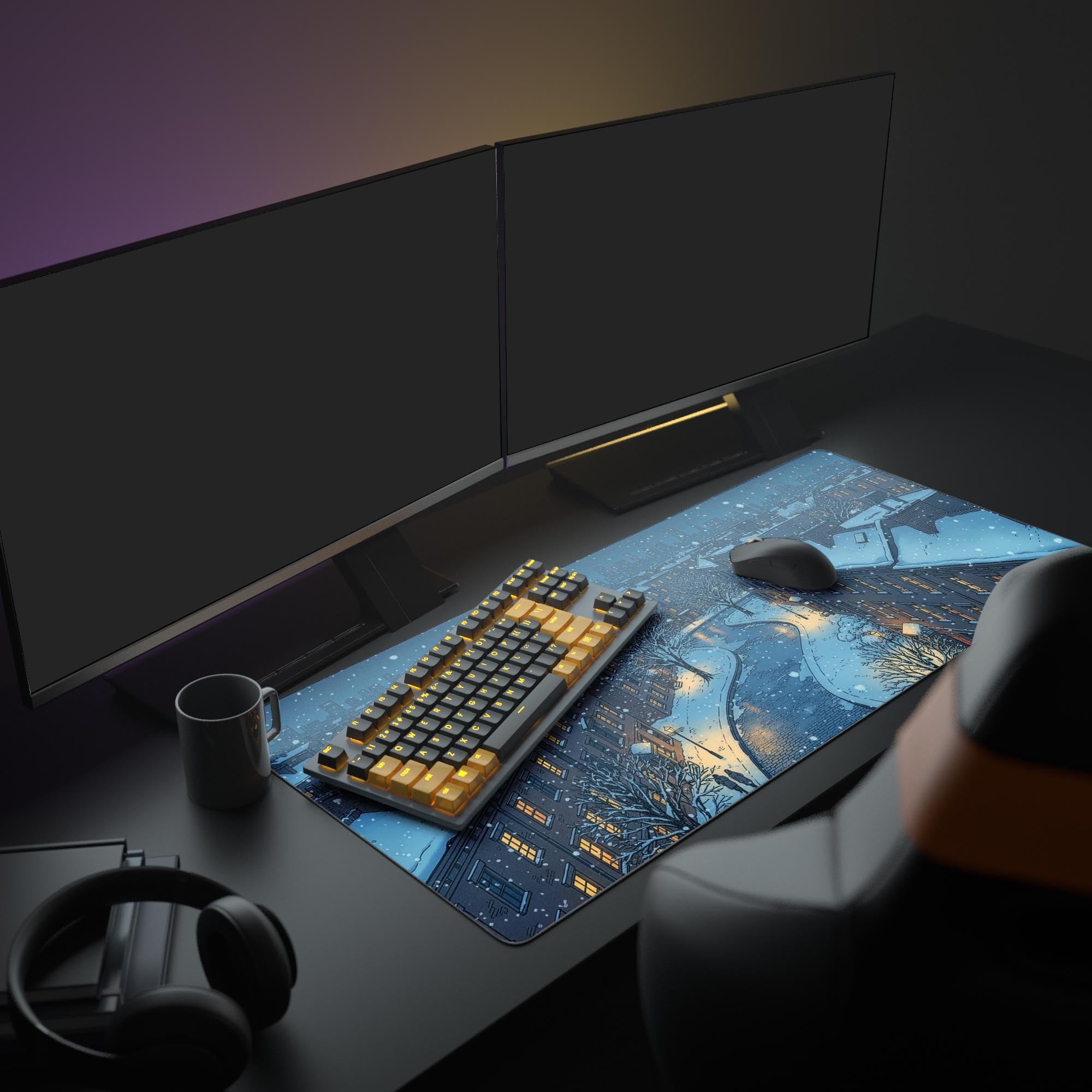Large Winter Cityscape desk mat in a full gaming and work setup with dual monitors, headphones, and a mechanical keyboard. - Epic Design Pads