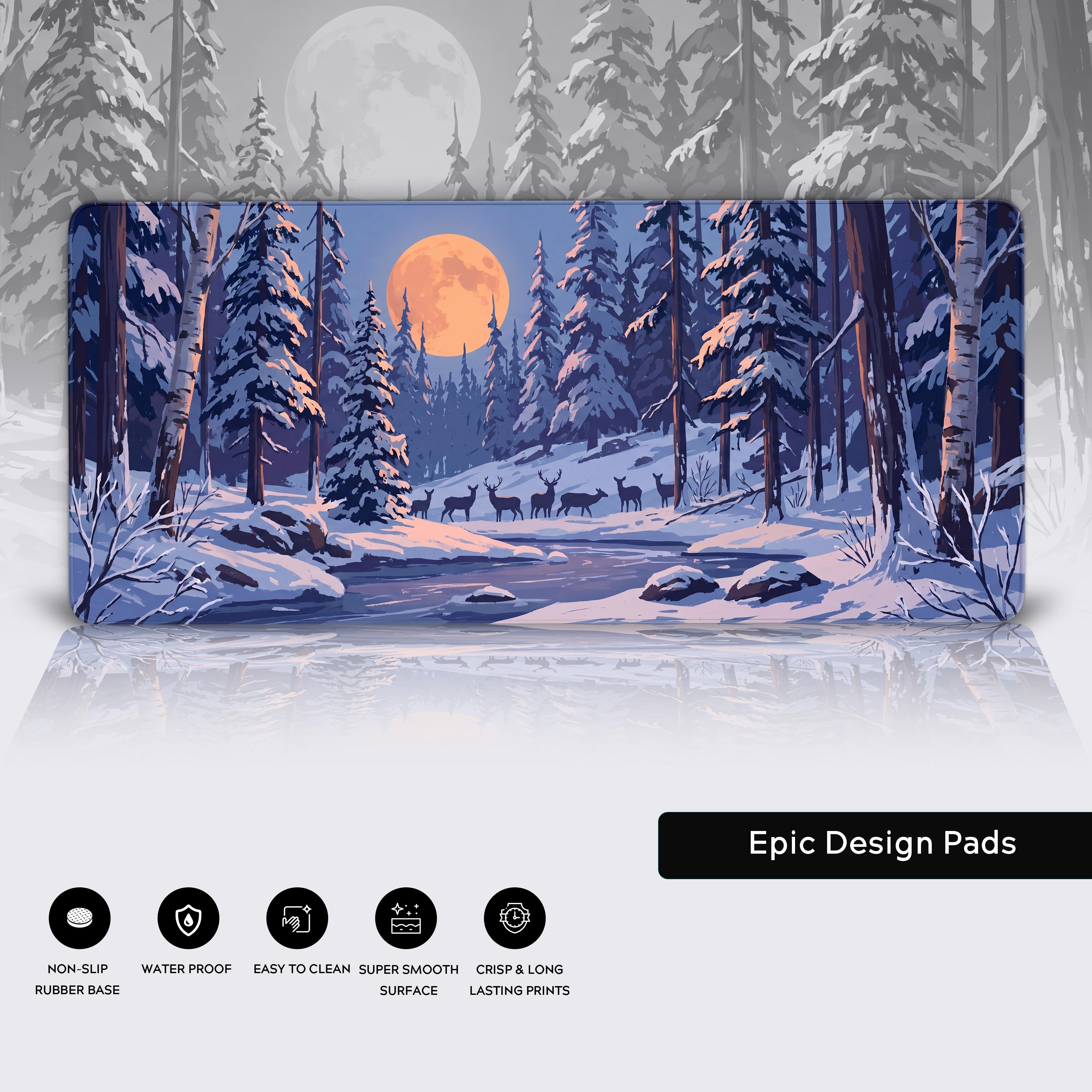 An angled view of the Winter Forest desk mat showcasing its large size and smooth tracking surface over a reflective background
