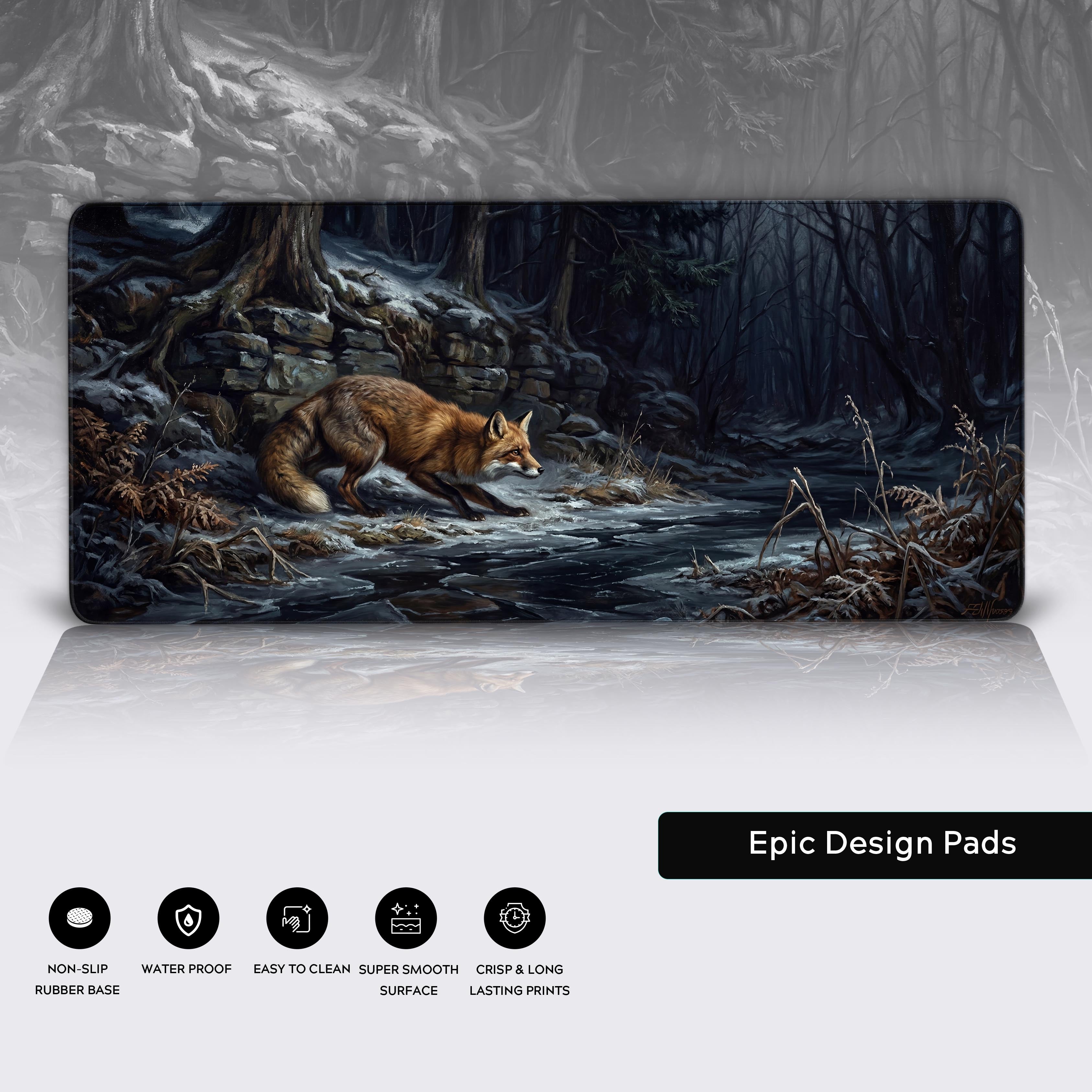 Detailed view of the non-slip rubber base and edge stitching on the Winter Fox desk mat.